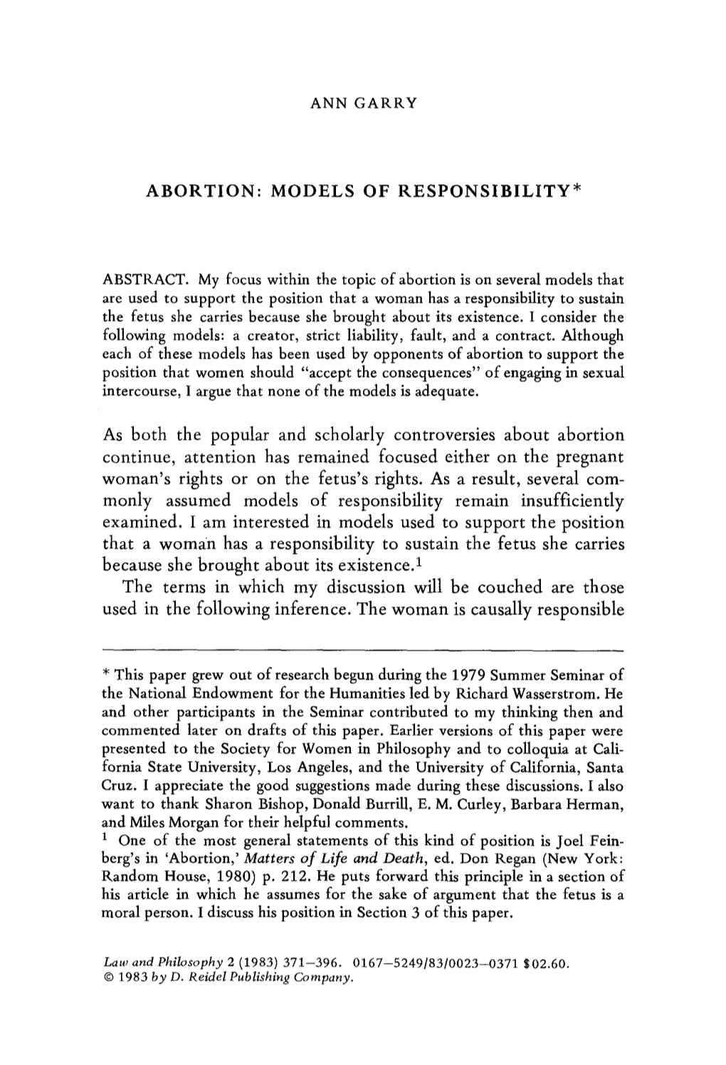 Abortion: Models of Responsibility*