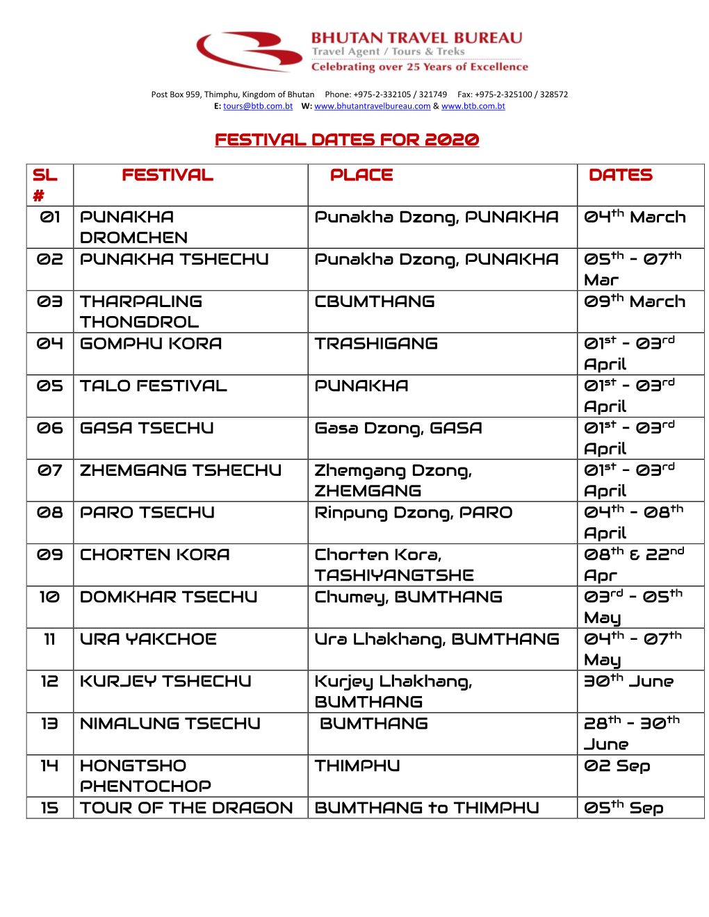 For a List of Tentative Bhutan Festival Dates for 2020, Please Click Here