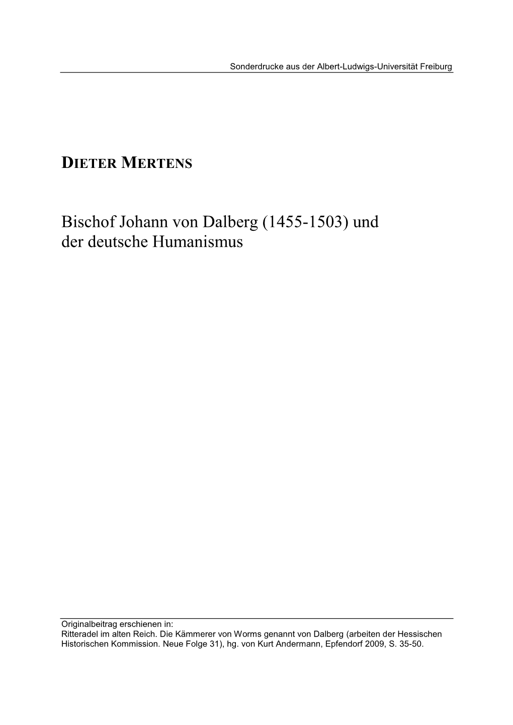 Bischof Johann Von Dalberg (1455-1503) Und Der Deutsche Humanismus