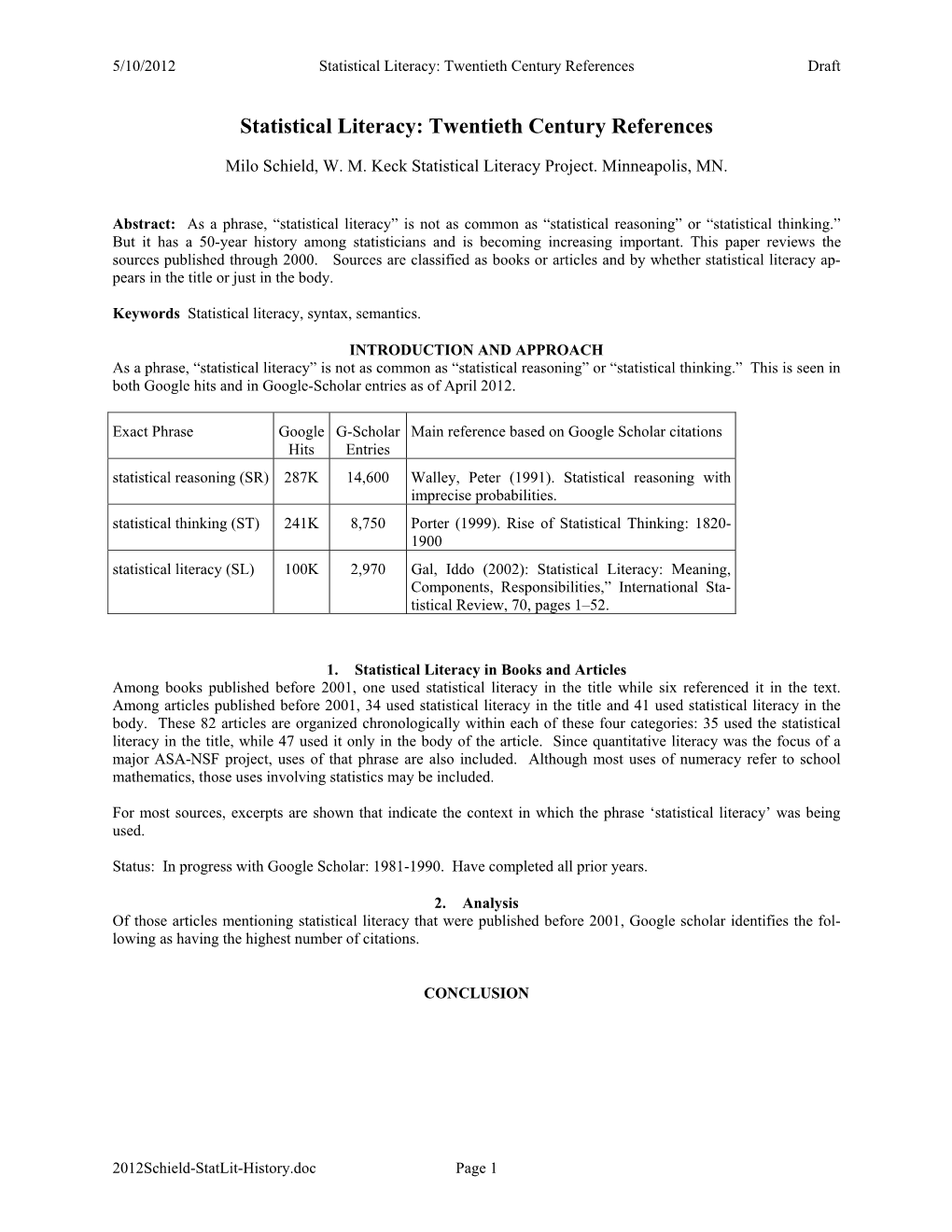 Statistical Literacy: Twentieth Century References Draft