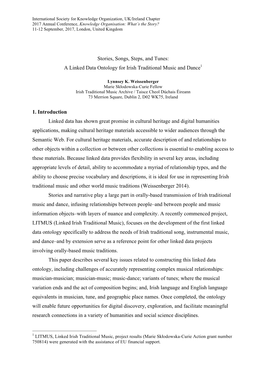 Stories, Songs, Steps, and Tunes: a Linked Data Ontology for Irish Traditional Music and Dance1