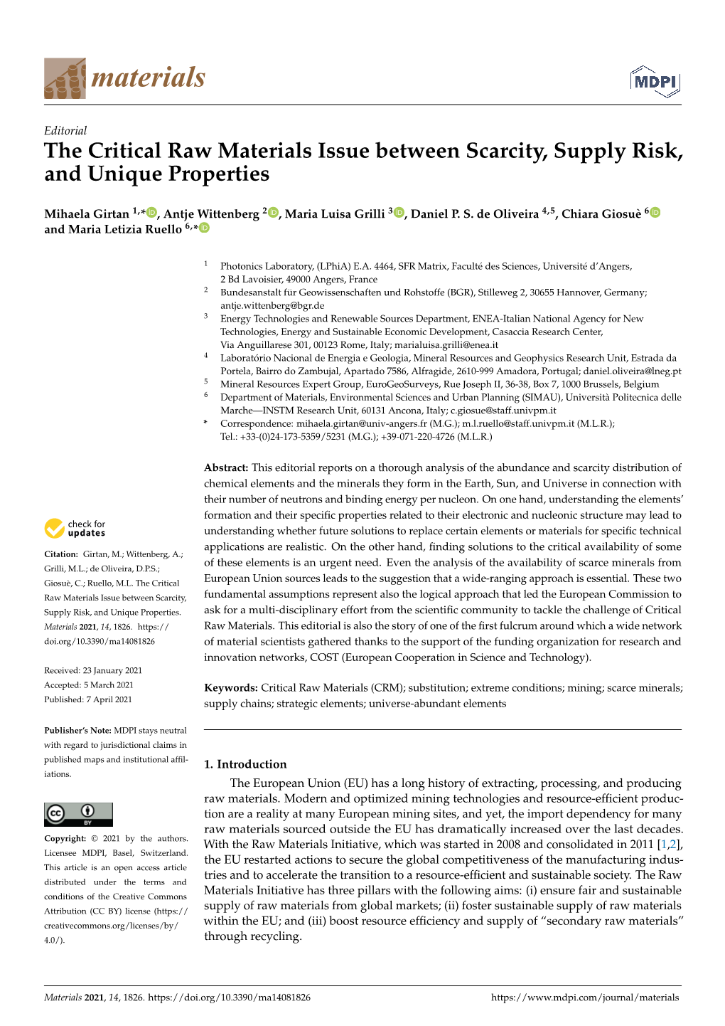 The Critical Raw Materials Issue Between Scarcity, Supply Risk, and Unique Properties