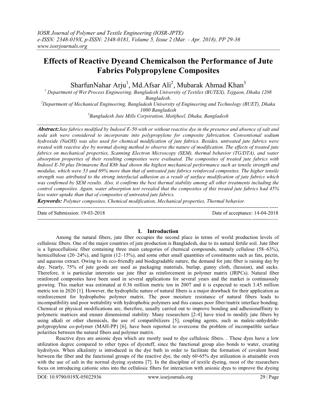 Effects of Reactive Dyeand Chemicalson the Performance of Jute Fabrics Polypropylene Composites