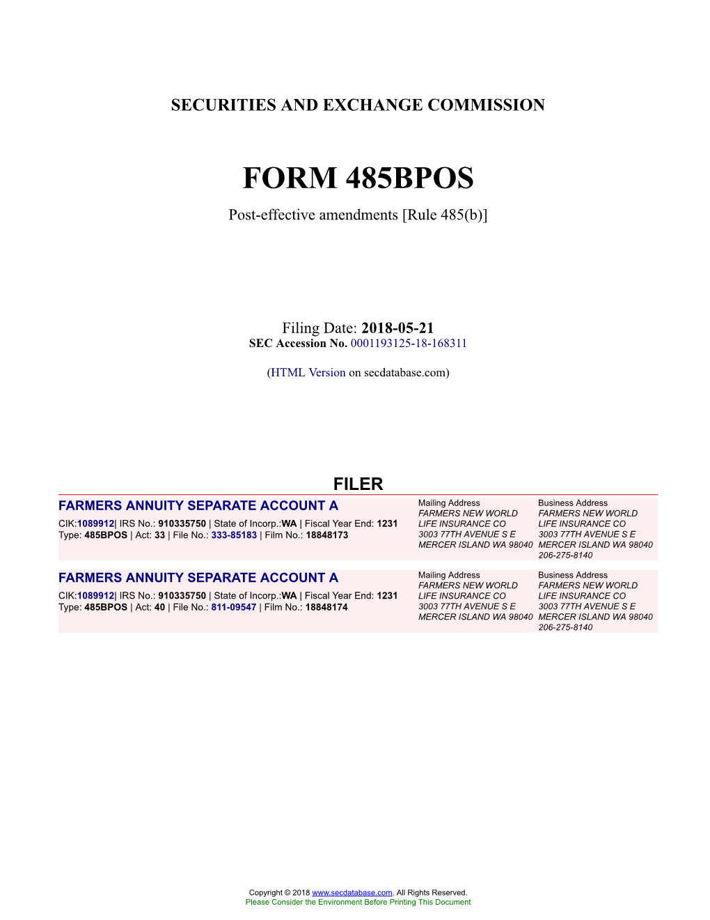 FARMERS ANNUITY SEPARATE ACCOUNT a Form 485BPOS Filed