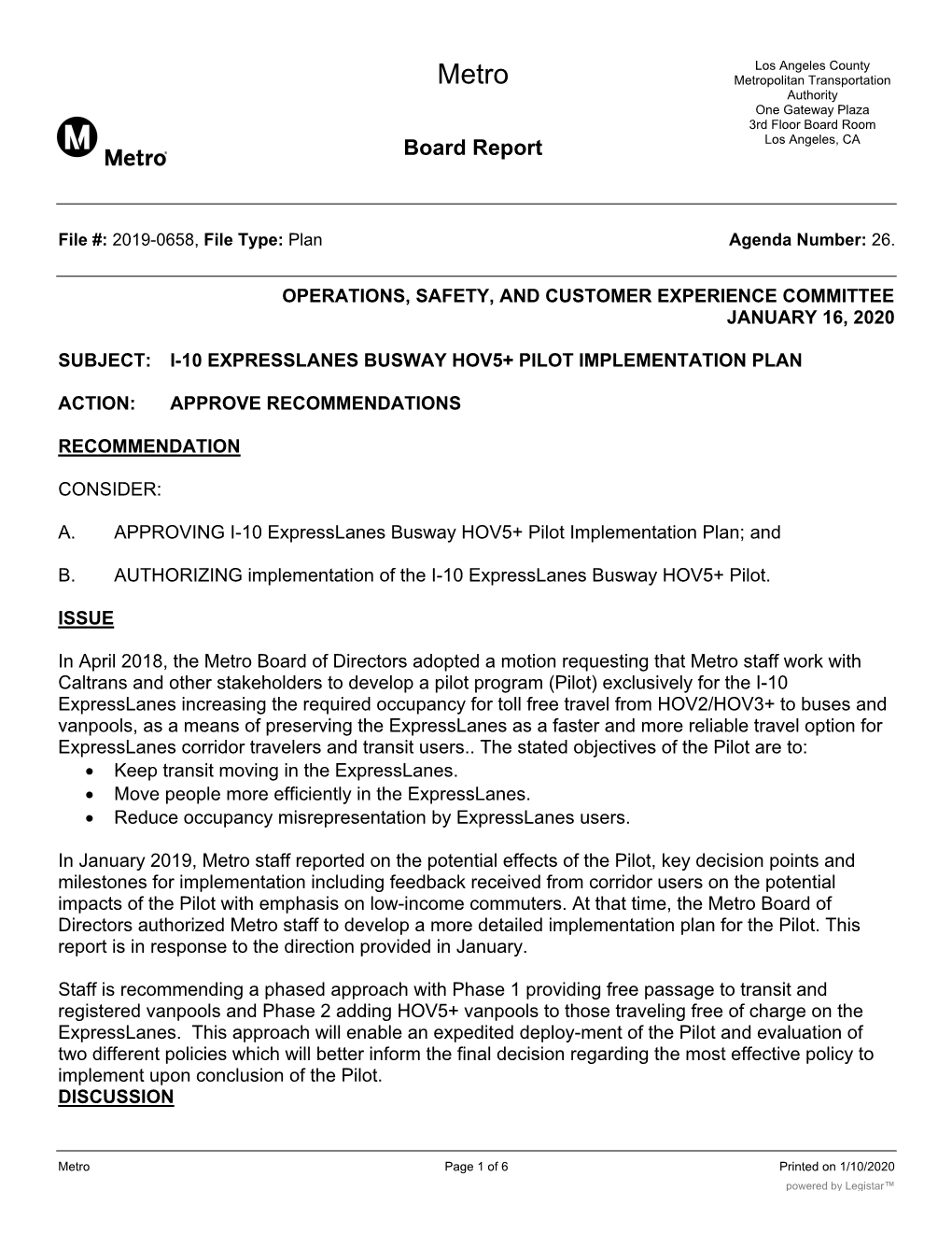 Metro Metropolitan Transportation Authority One Gateway Plaza 3Rd Floor Board Room Board Report Los Angeles, CA