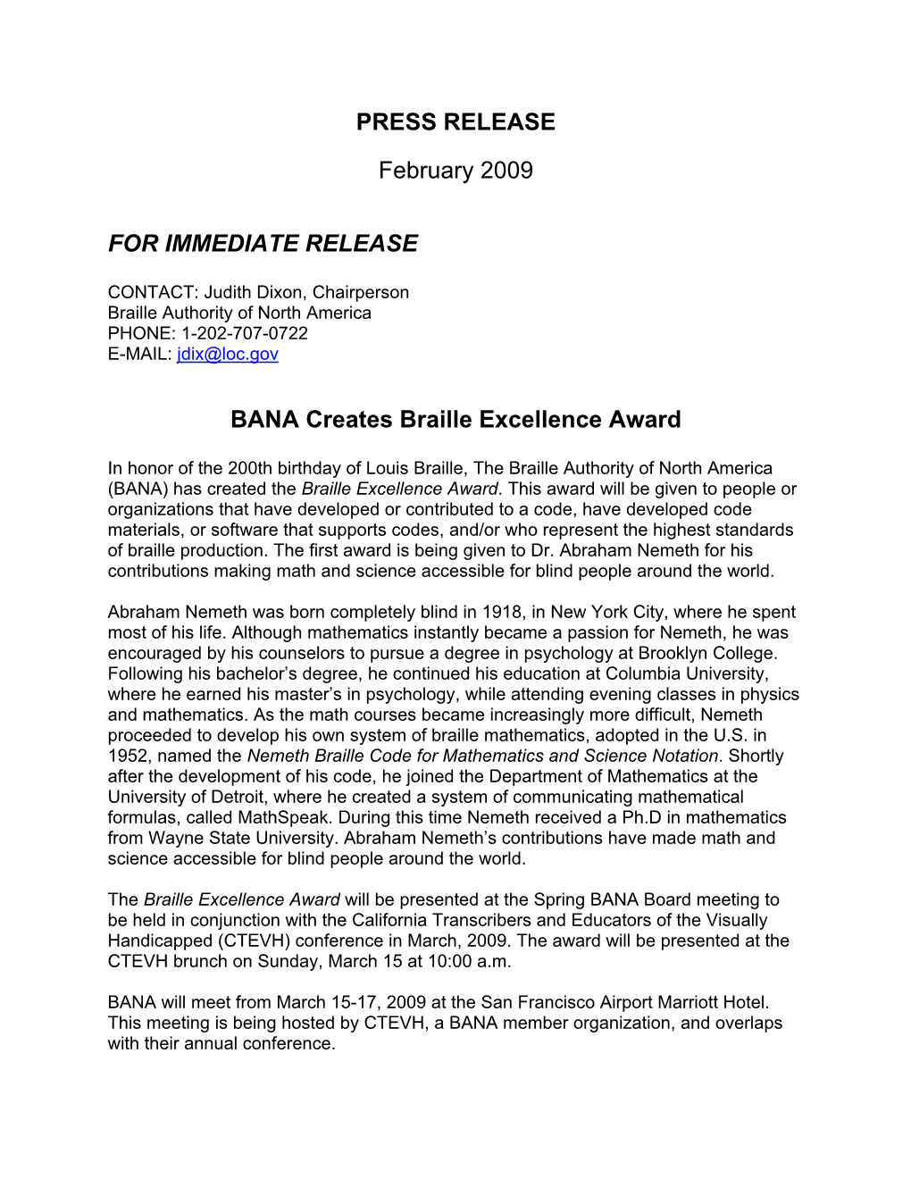 February 2009: BANA Creates Excellence Award