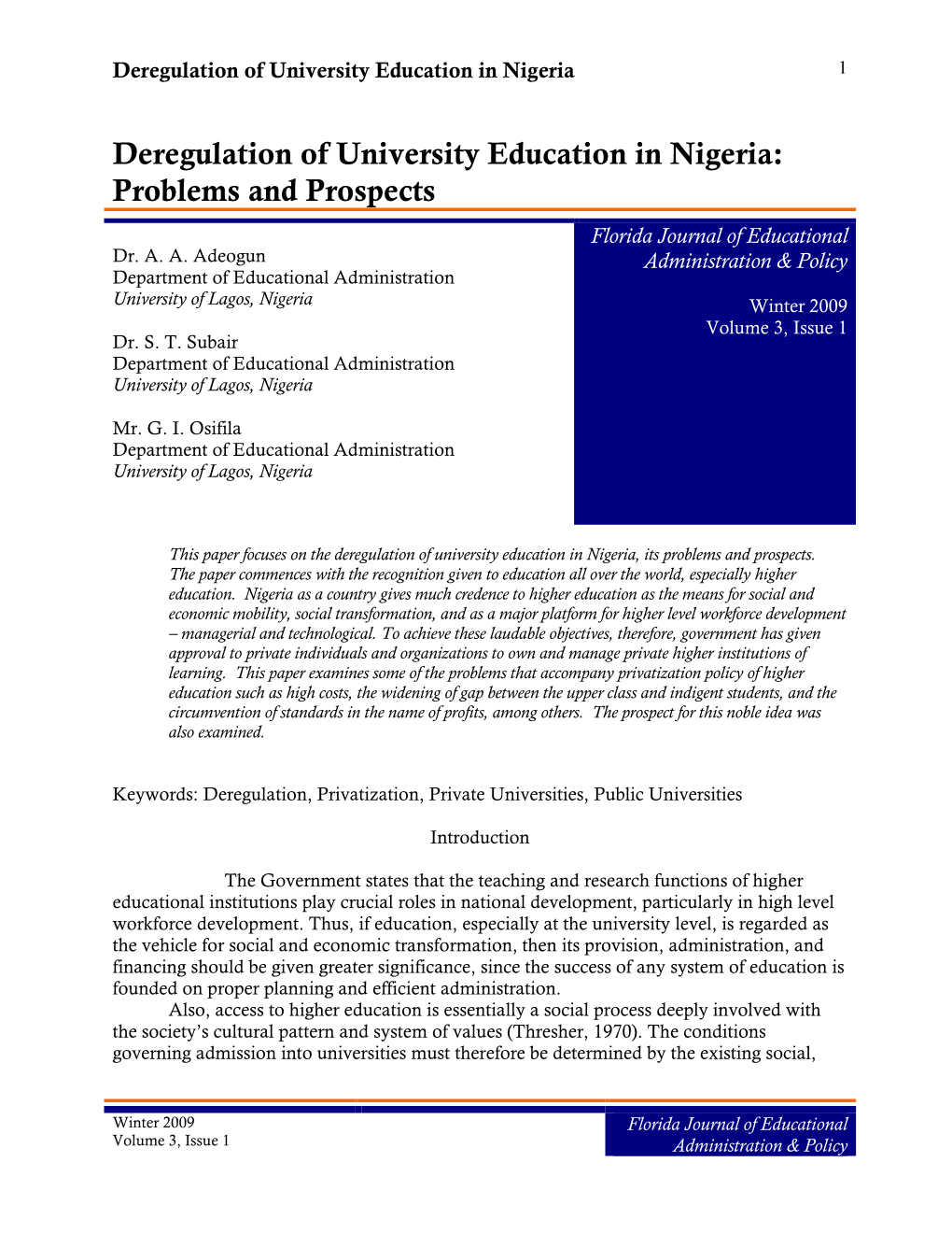 Deregulation of University Education in Nigeria: Problems and Prospects