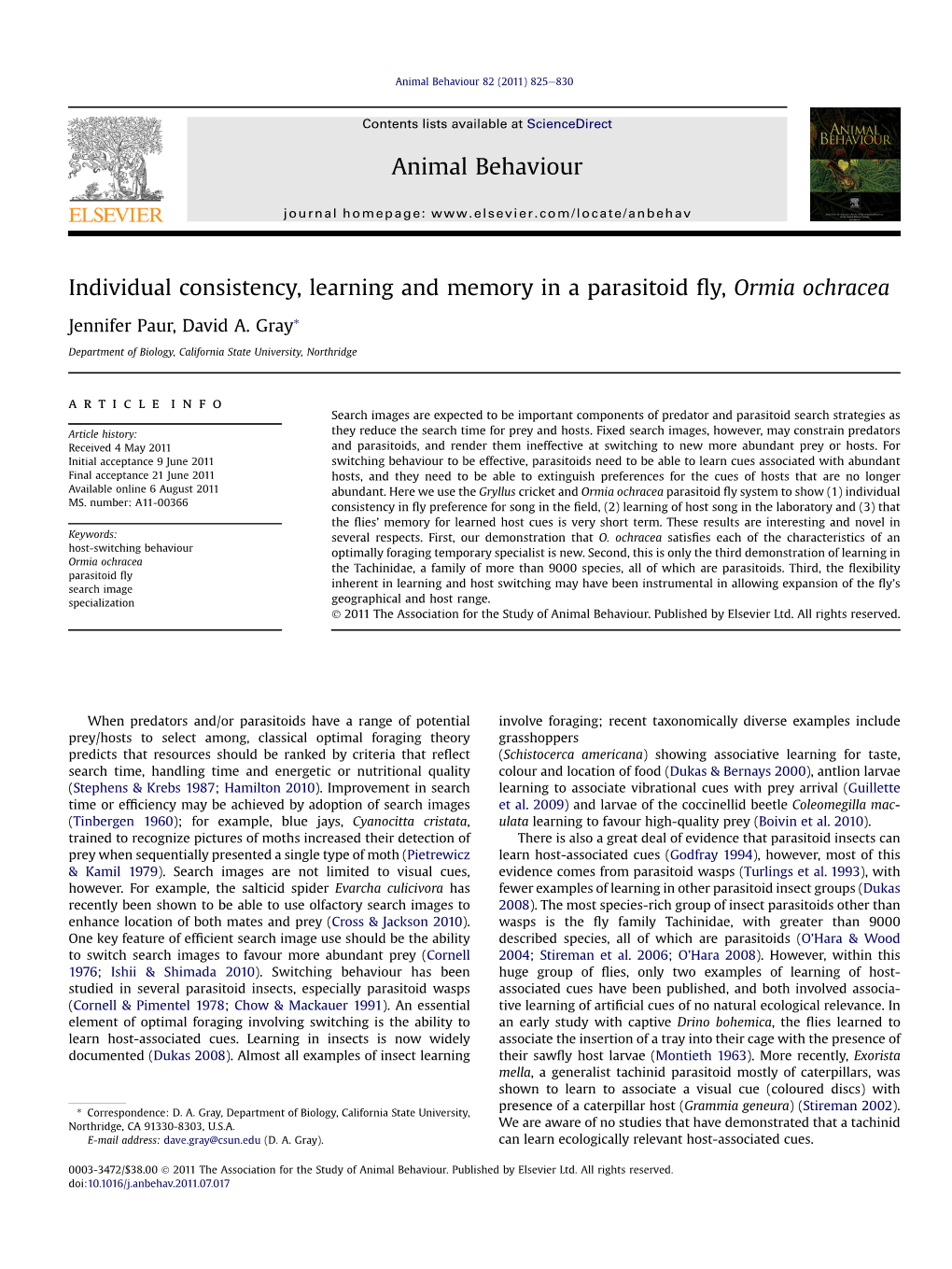 Individual Consistency, Learning and Memory in a Parasitoid Fly, Ormia