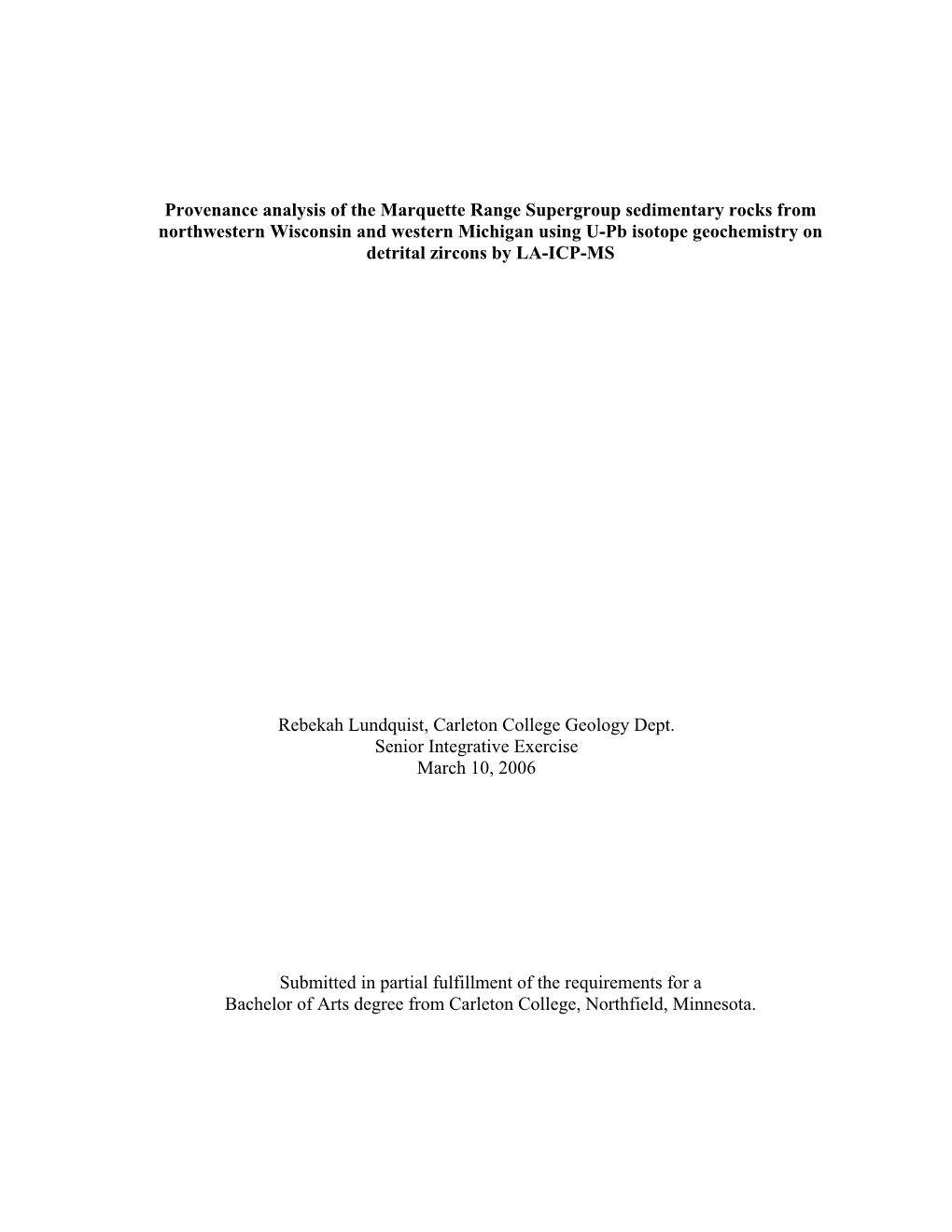 Provenance Analysis of the Marquette Range Supergroup Sedimentary