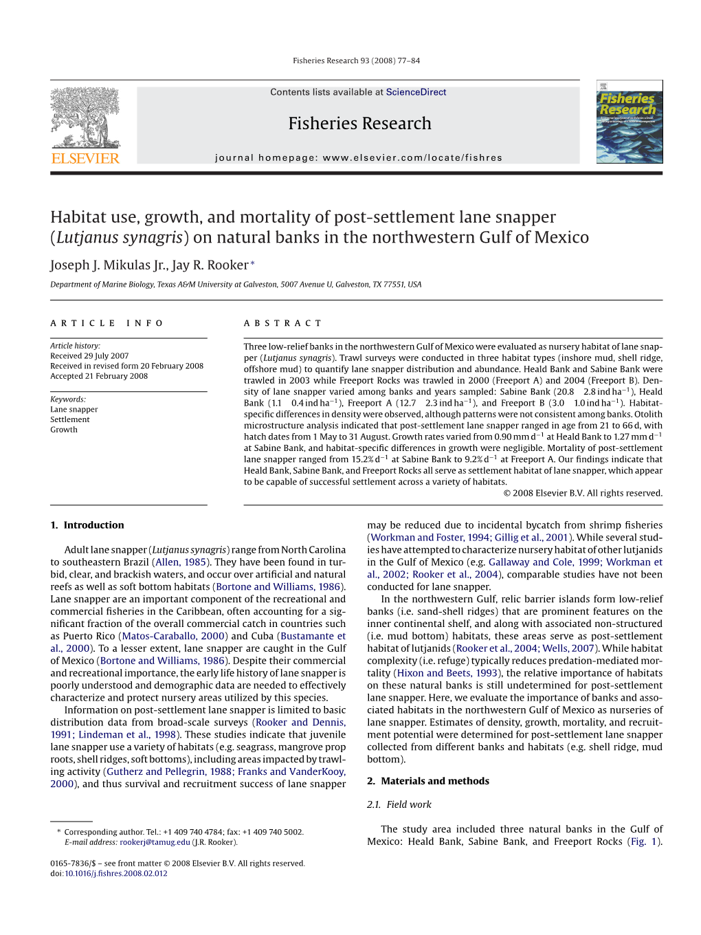 Lutjanus Synagris) on Natural Banks in the Northwestern Gulf of Mexico