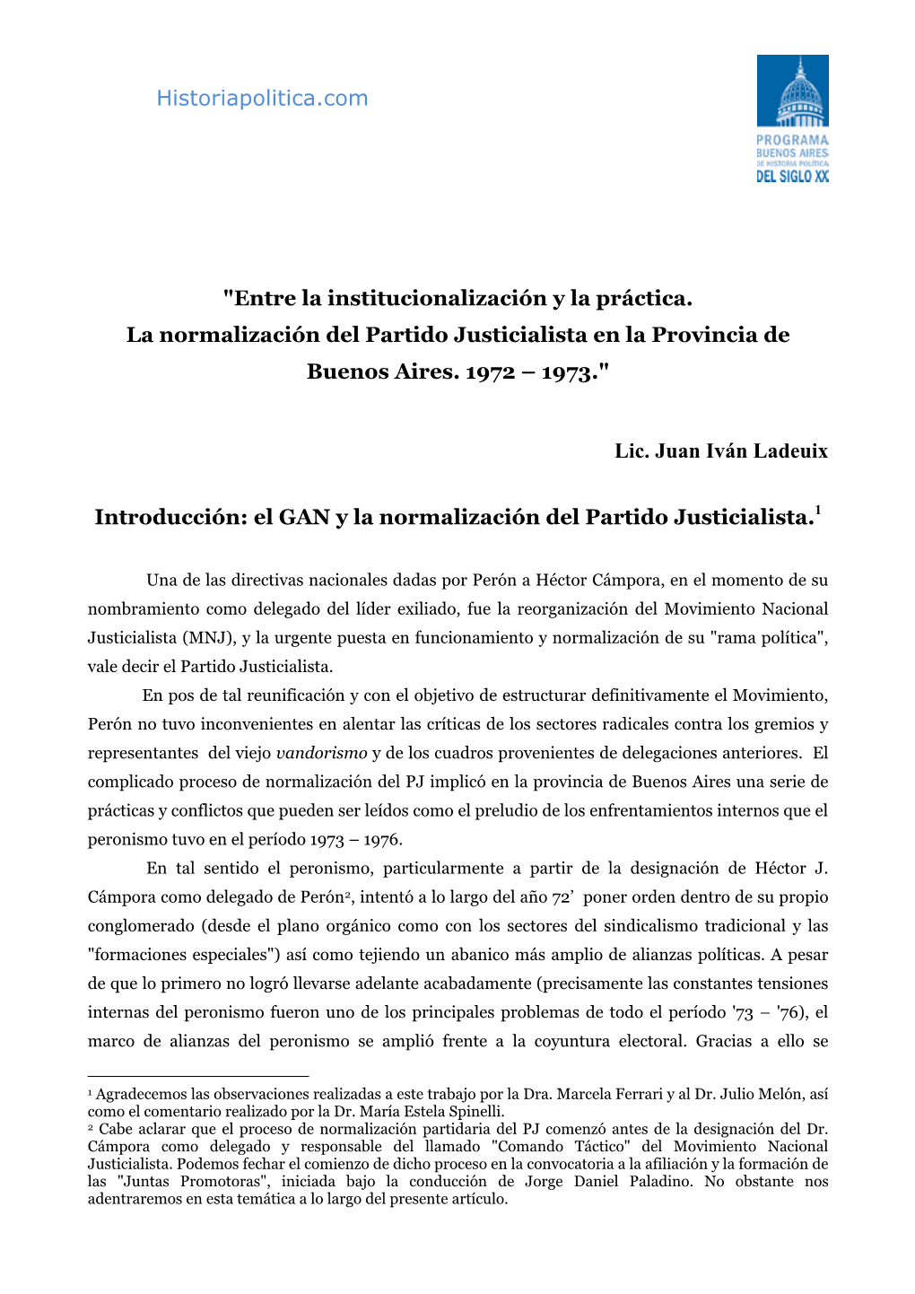 Entre La Institucionalización Y La Práctica. La Normalización Del Partido Justicialista En La Provincia De Buenos Aires