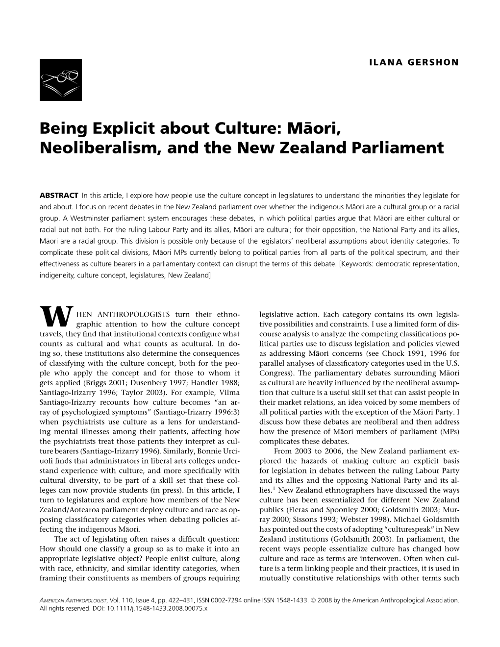 Being Explicit About Culture: Māori, Neoliberalism, and the New