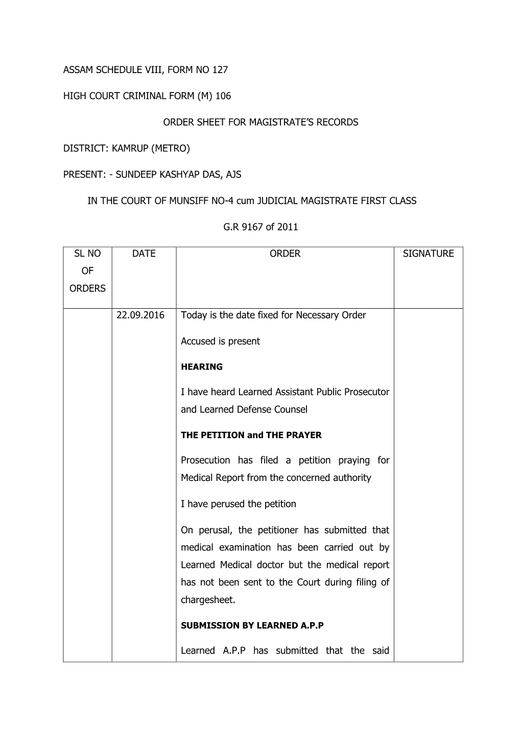 Assam Schedule Viii, Form No 127 High Court Criminal