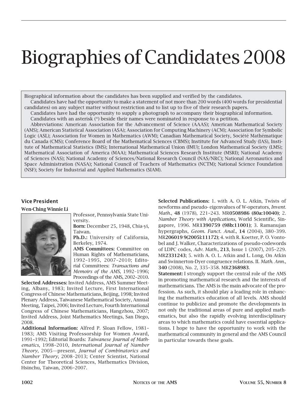 Biographies of Candidates 2008