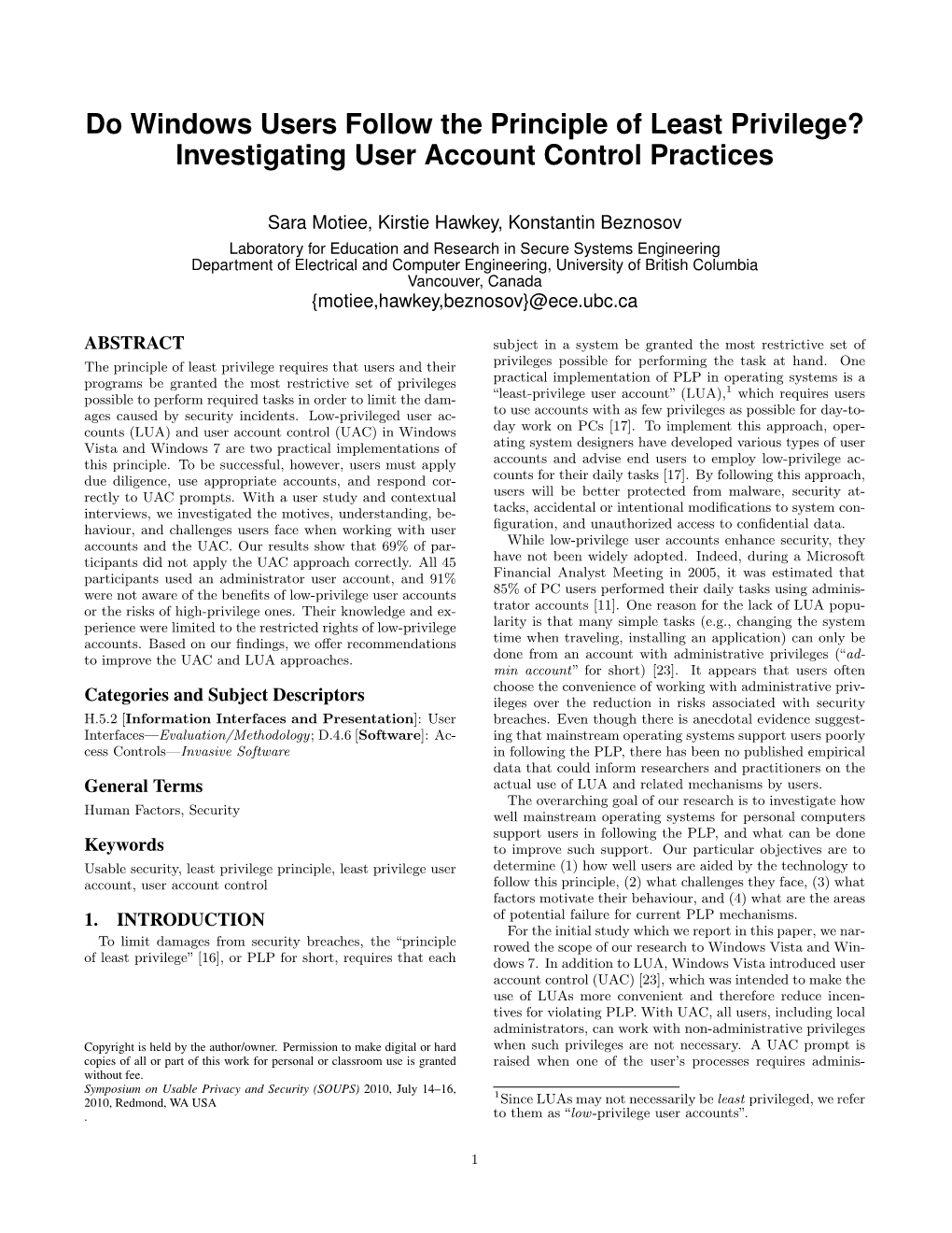 Do Windows Users Follow the Principle of Least Privilege? Investigating User Account Control Practices