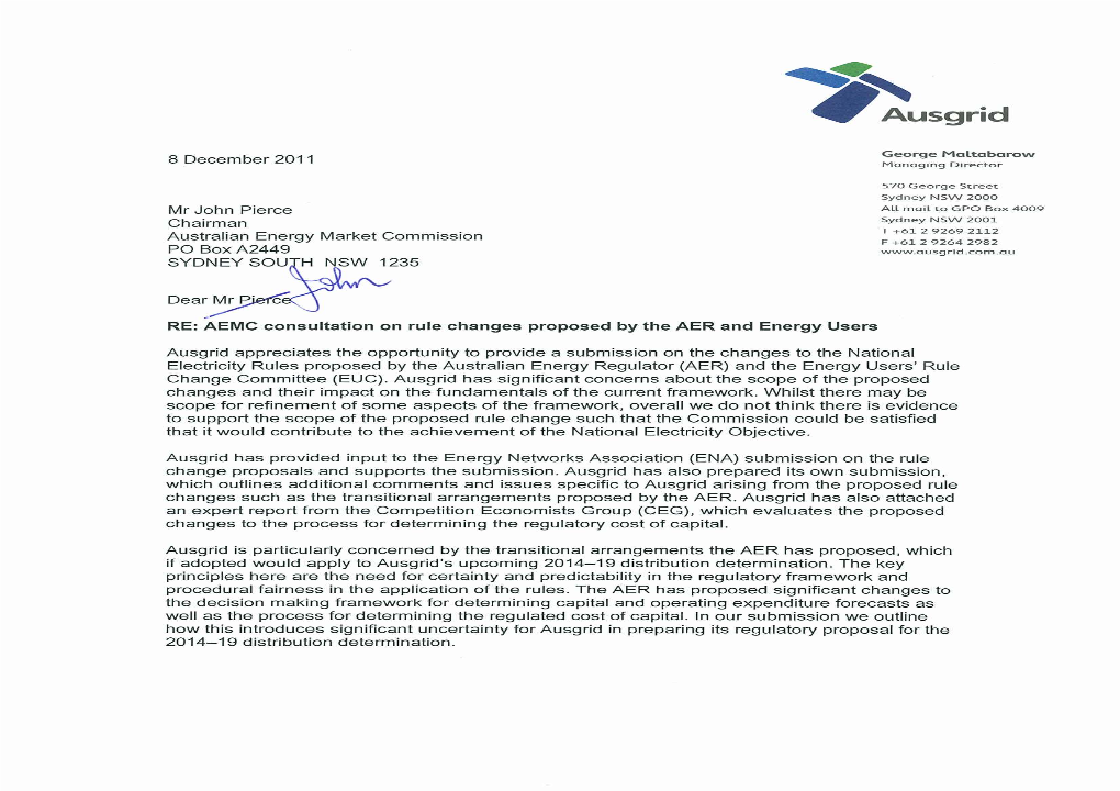 Ausgrid Submission to the AEMC on AER and Energy User's Rule