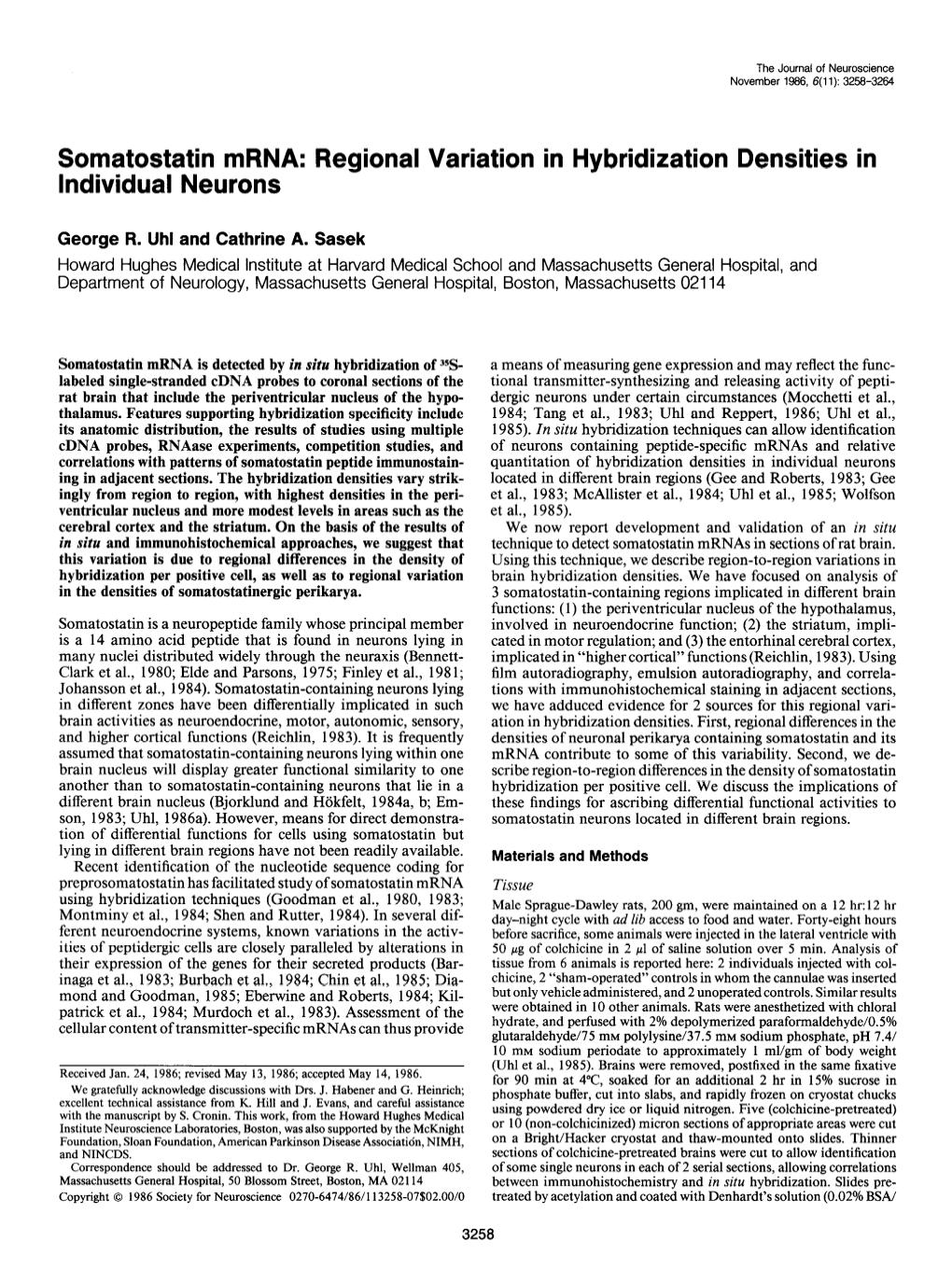 Somatostatin Mrna: Regional Variation in Hybridization Densities in Individual Neurons