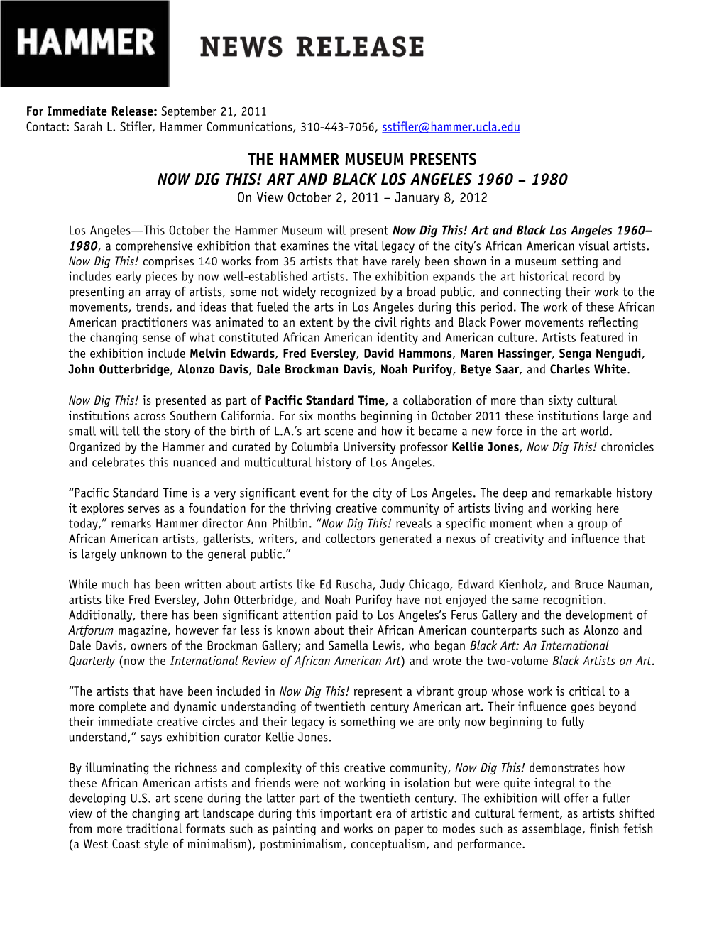 NOW DIG THIS! ART and BLACK LOS ANGELES 1960 – 1980 on View October 2, 2011 – January 8, 2012