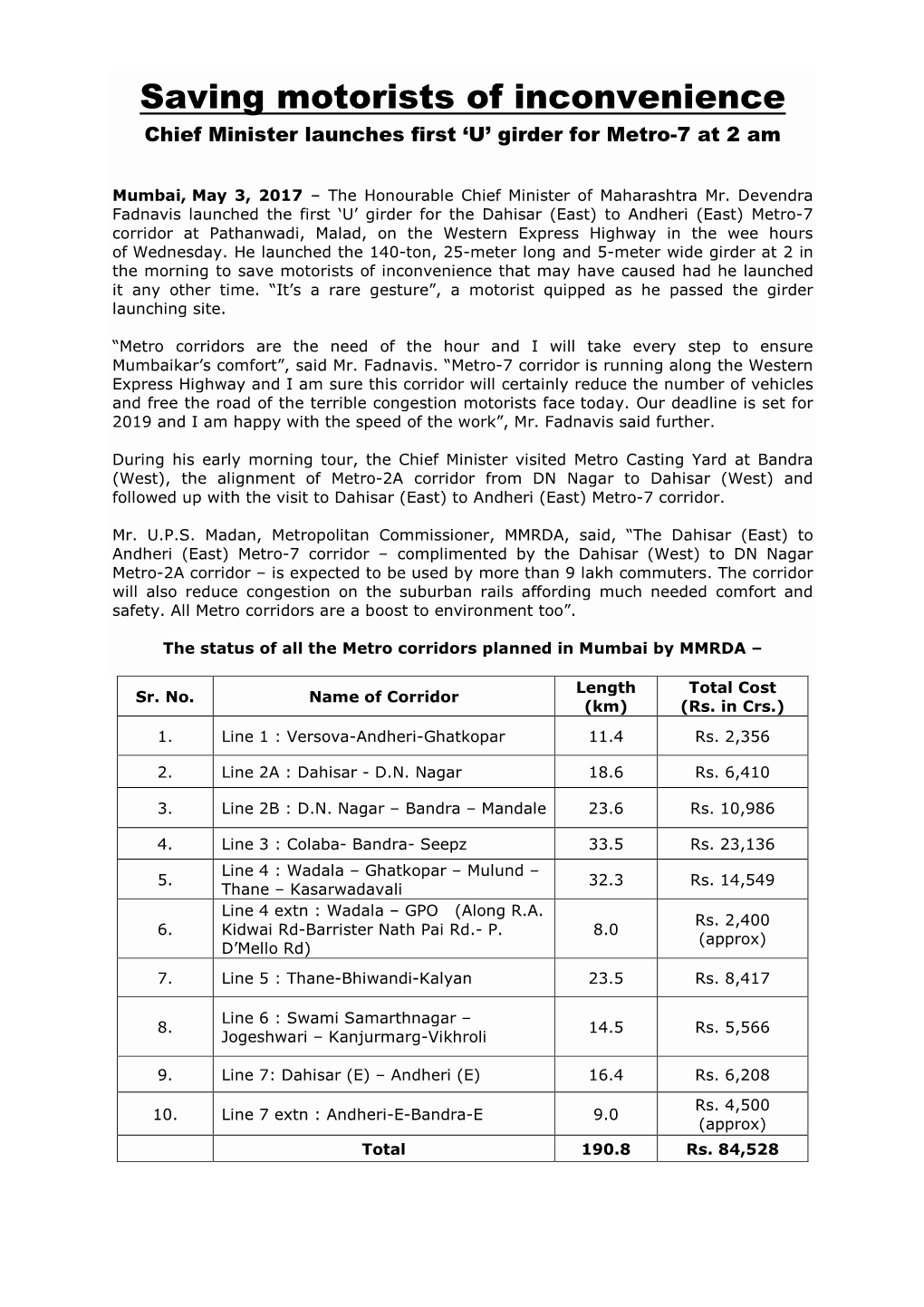 'U' Girder for Metro-7 at 2 Am