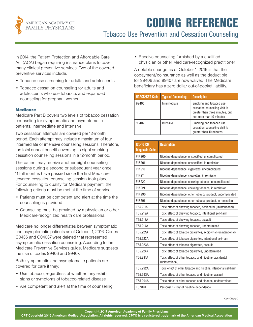 Coding Reference Tobacco Use Prevention and Cessation Counseling