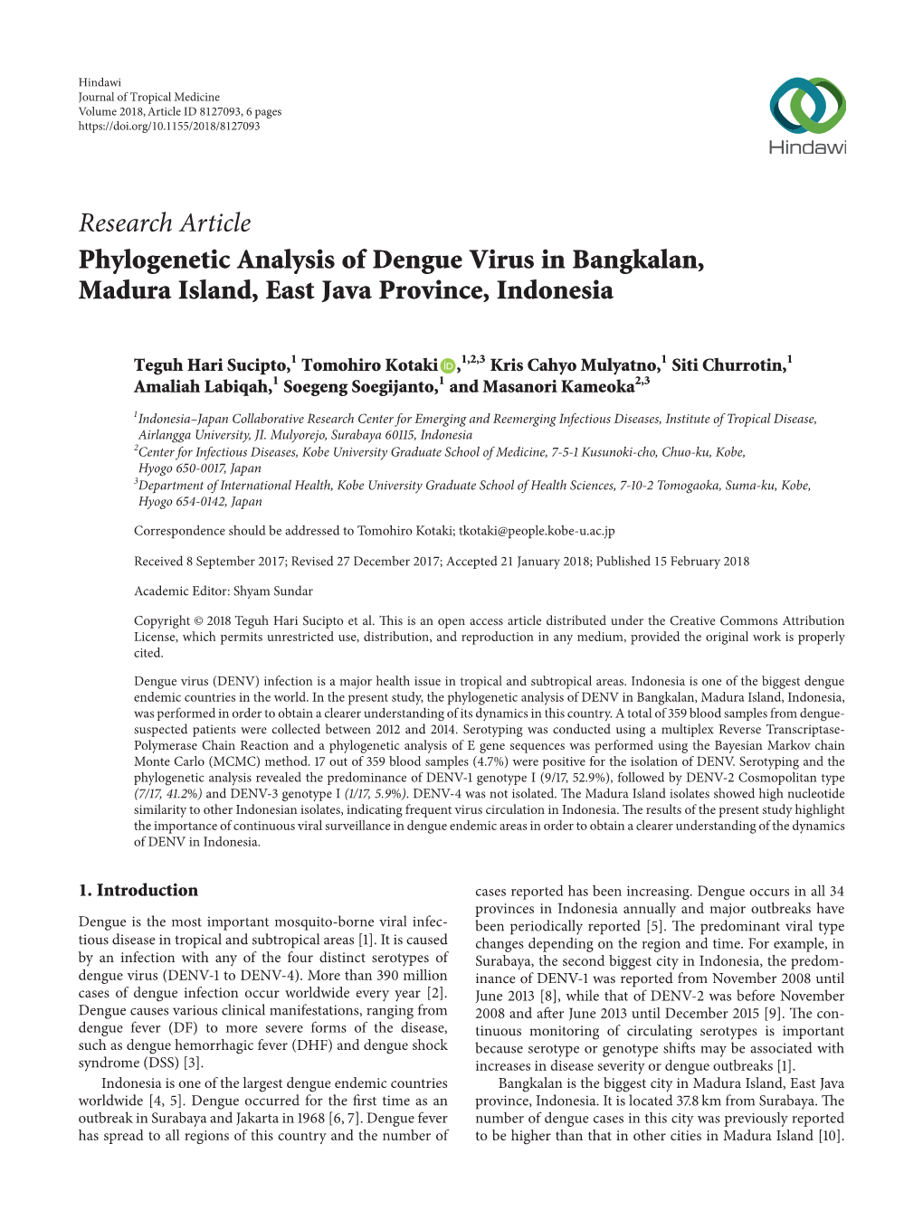 Research Article Phylogenetic Analysis of Dengue Virus in Bangkalan, Madura Island, East Java Province, Indonesia