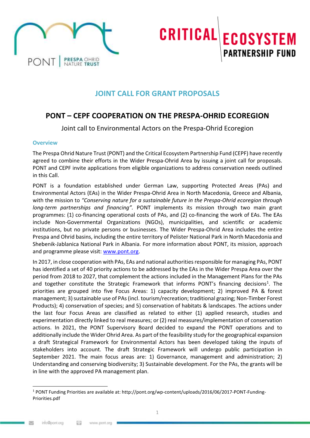 Joint Call for Grant Proposals Pont – Cepf Cooperation on the Prespa-Ohrid Ecoregion