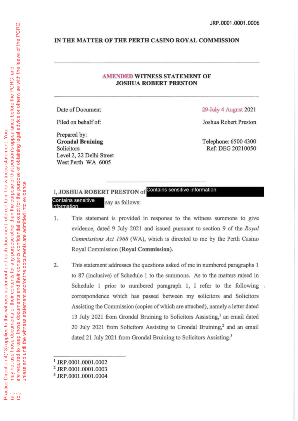 IN the MATTER of the PERTH CASINO ROYAL COMMISSION AMENDED WITNESS STATEMENT of JOSHUA ROBERT PRESTON Date of Document Filed On