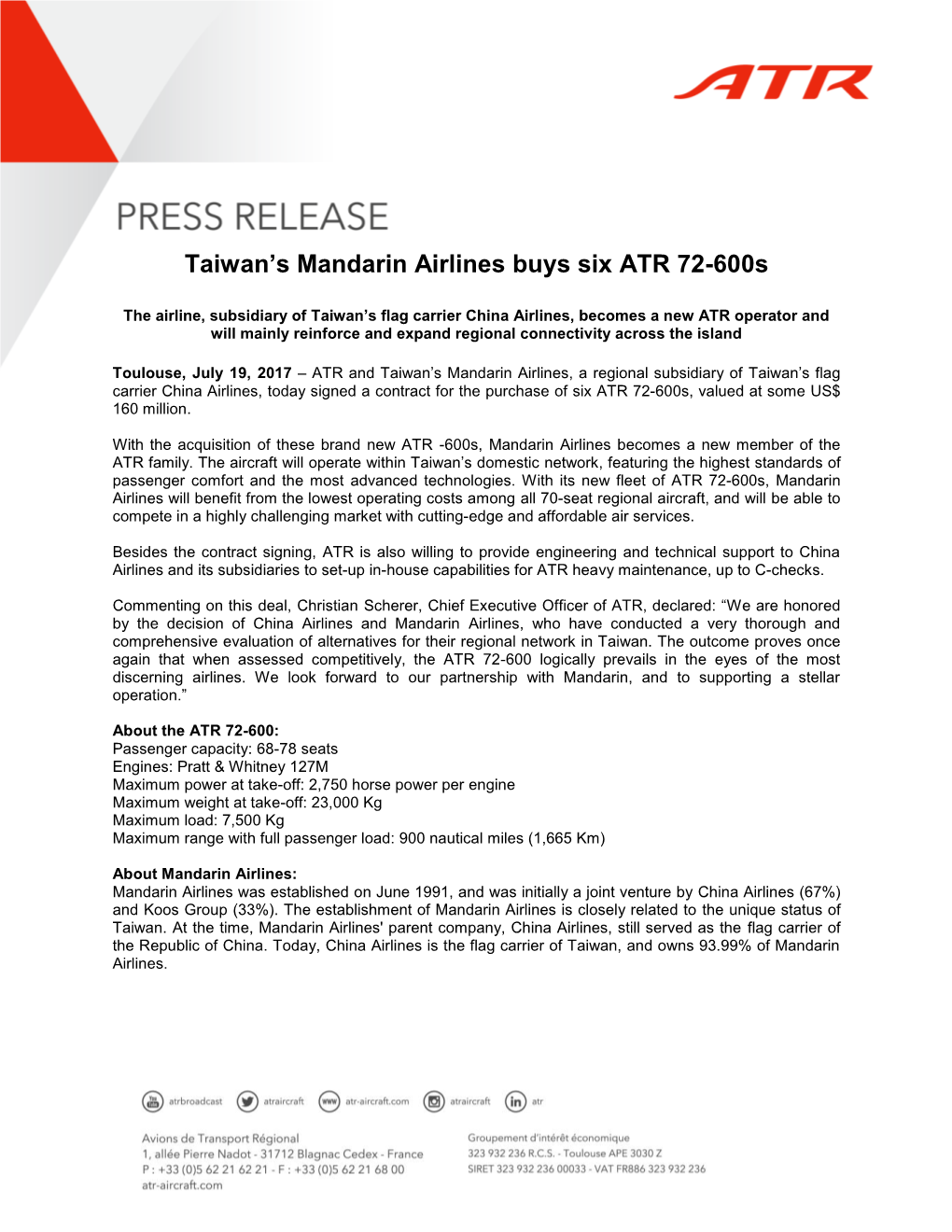 Taiwan's Mandarin Airlines Buys Six ATR 72-600S