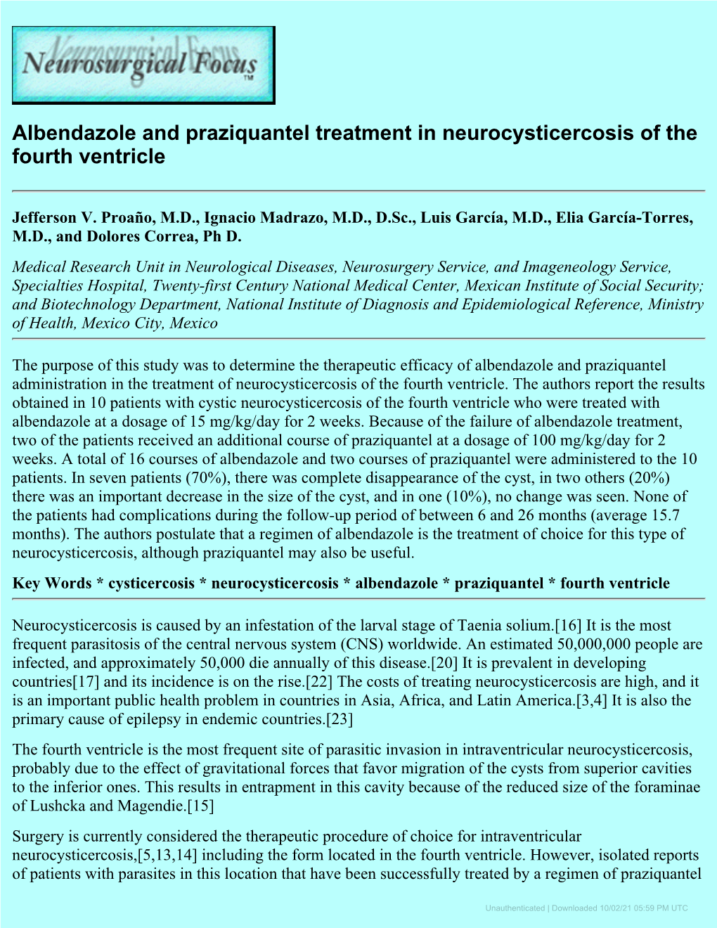 Albendazole and Praziquantel Treatment in Neurocysticercosis of the Fourth Ventricle