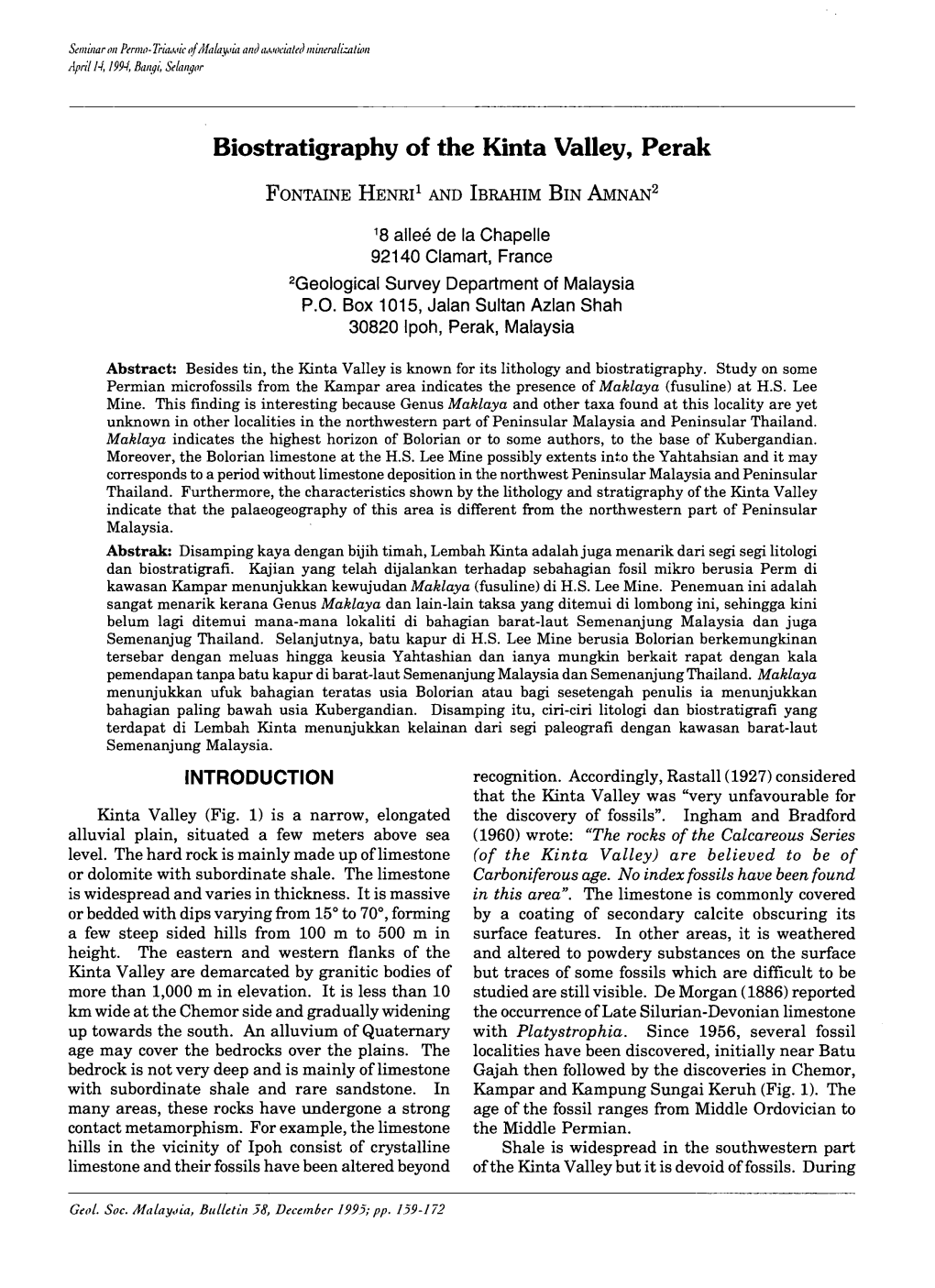 Biostratigraphy of the Kinta Valley, Perak