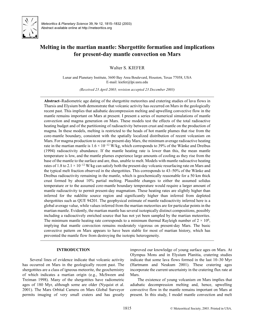 Shergottite Formation and Implications for Present-Day Mantle Convection on Mars