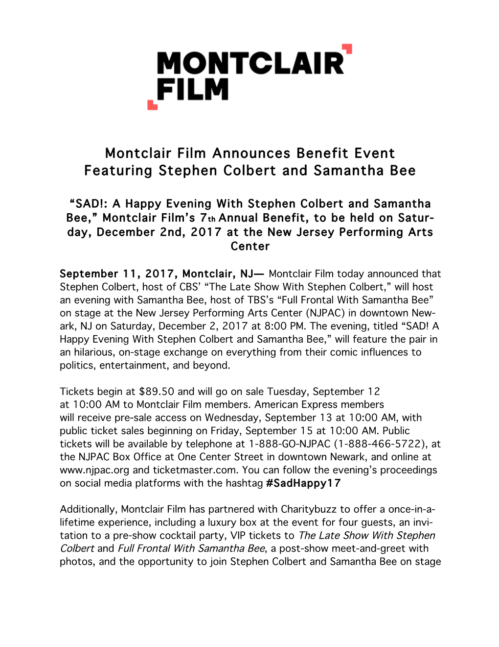 Montclair Film Announces Benefit Event Featuring Stephen Colbert and Samantha Bee