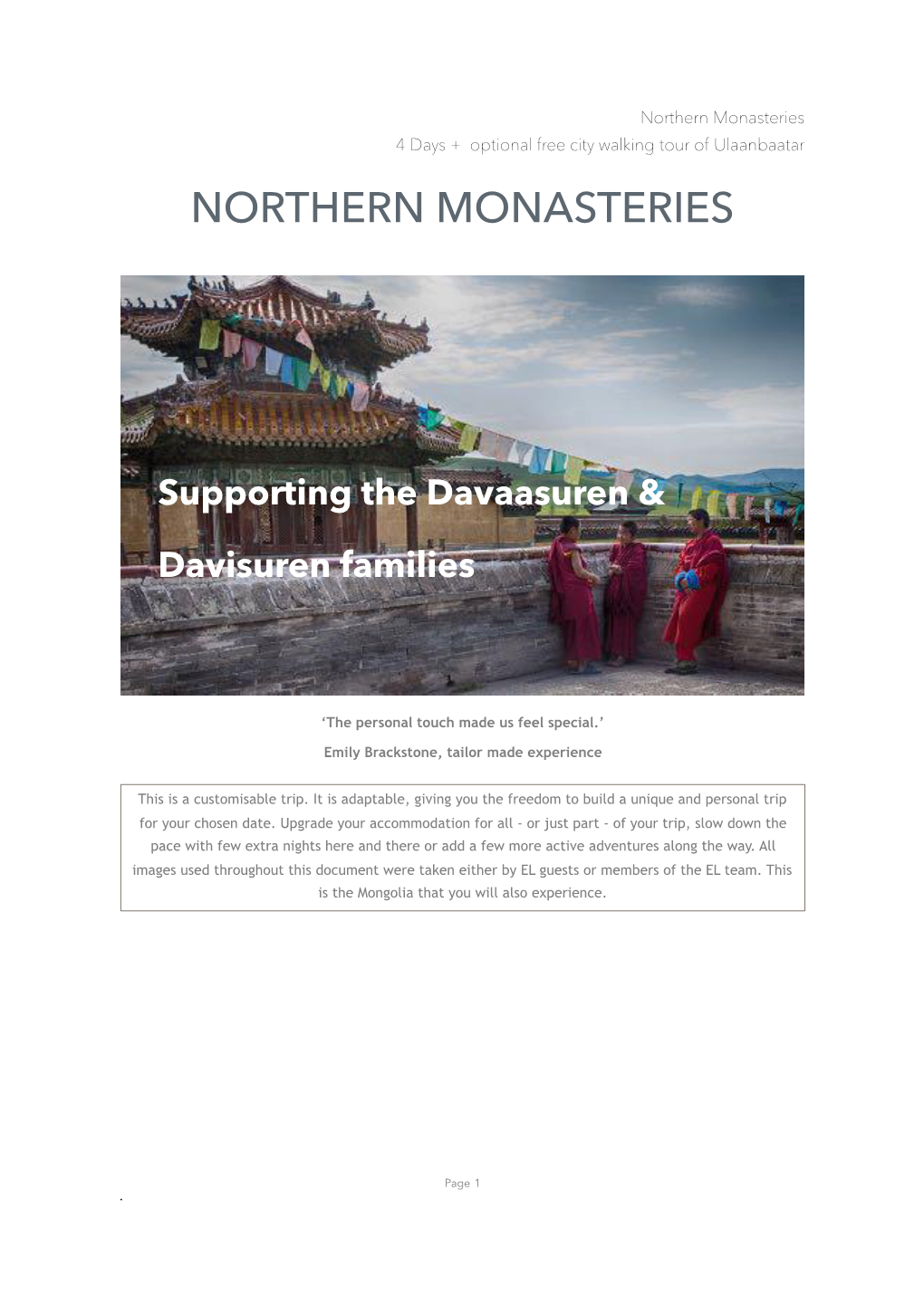 Northern Monasteries 4 Days + Optional Free City Walking Tour of Ulaanbaatar NORTHERN MONASTERIES