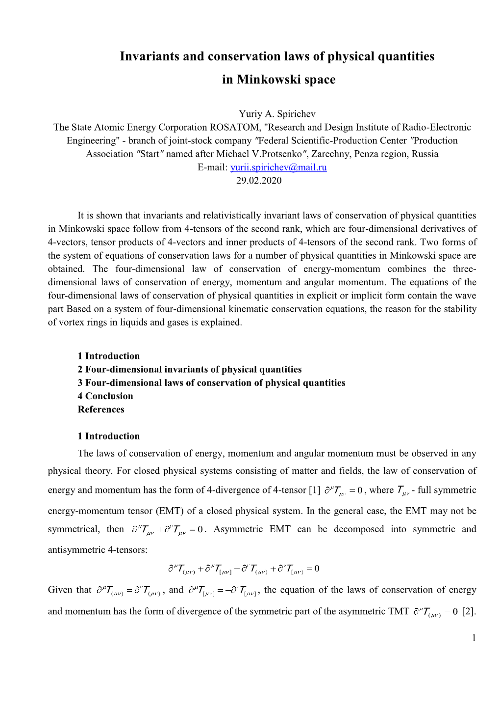 Invariants and Conservation Laws of Physical Quantities in Minkowski Space