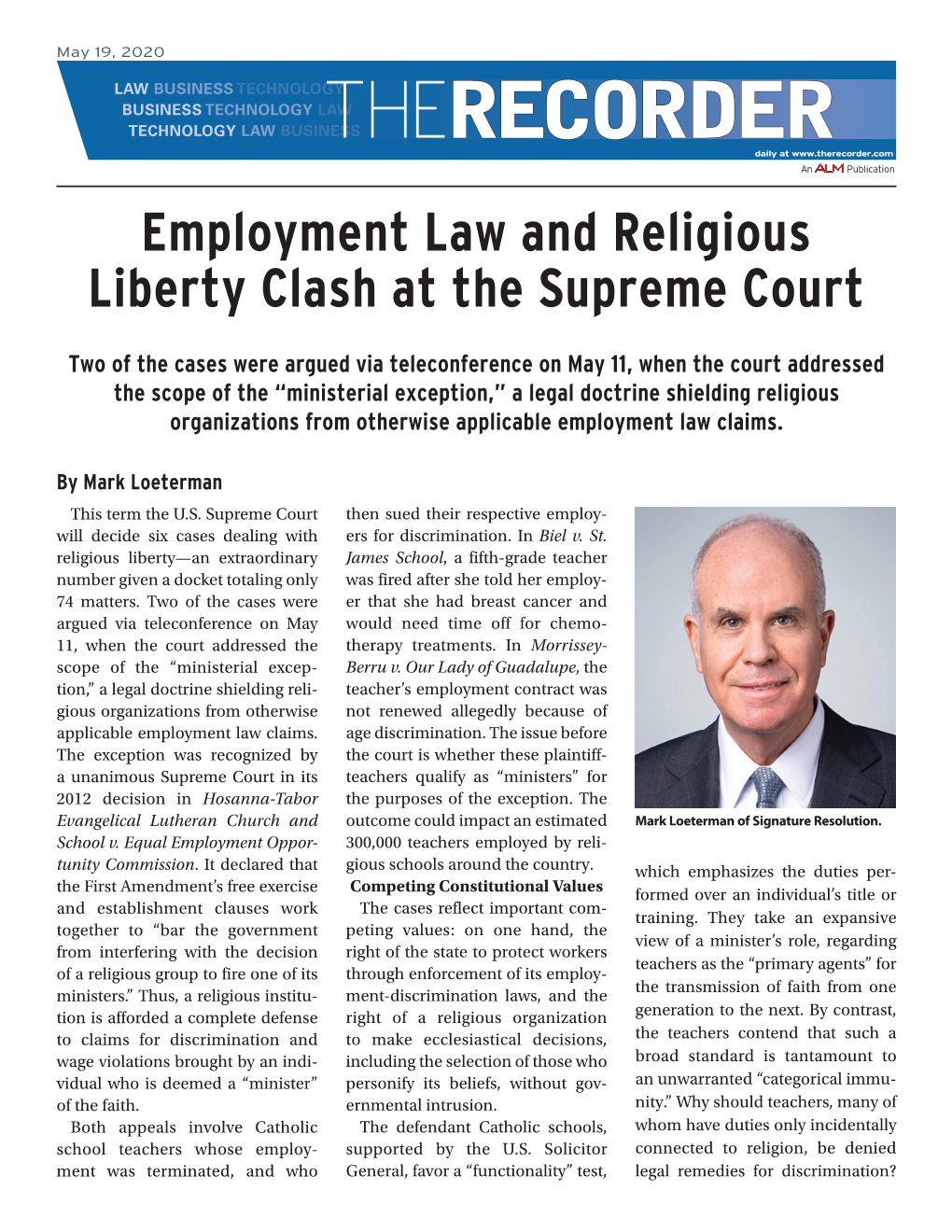 RECORDER Daily at Employment Law and Religious Liberty Clash at the Supreme Court