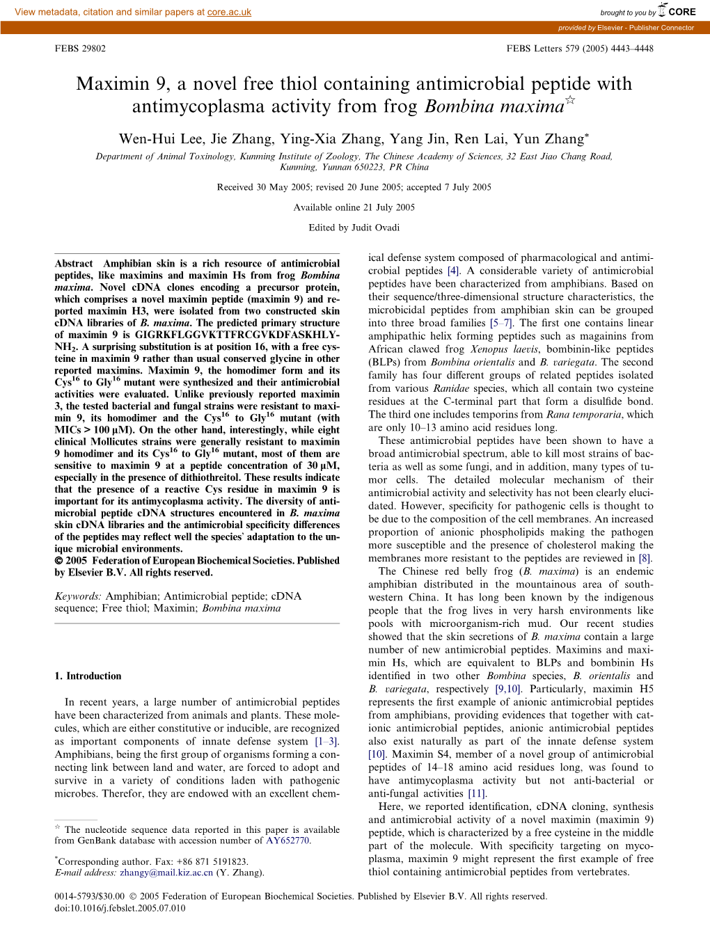 Maximin 9, a Novel Free Thiol Containing Antimicrobial Peptide with Antimycoplasma Activity from Frog Bombina Maximaq