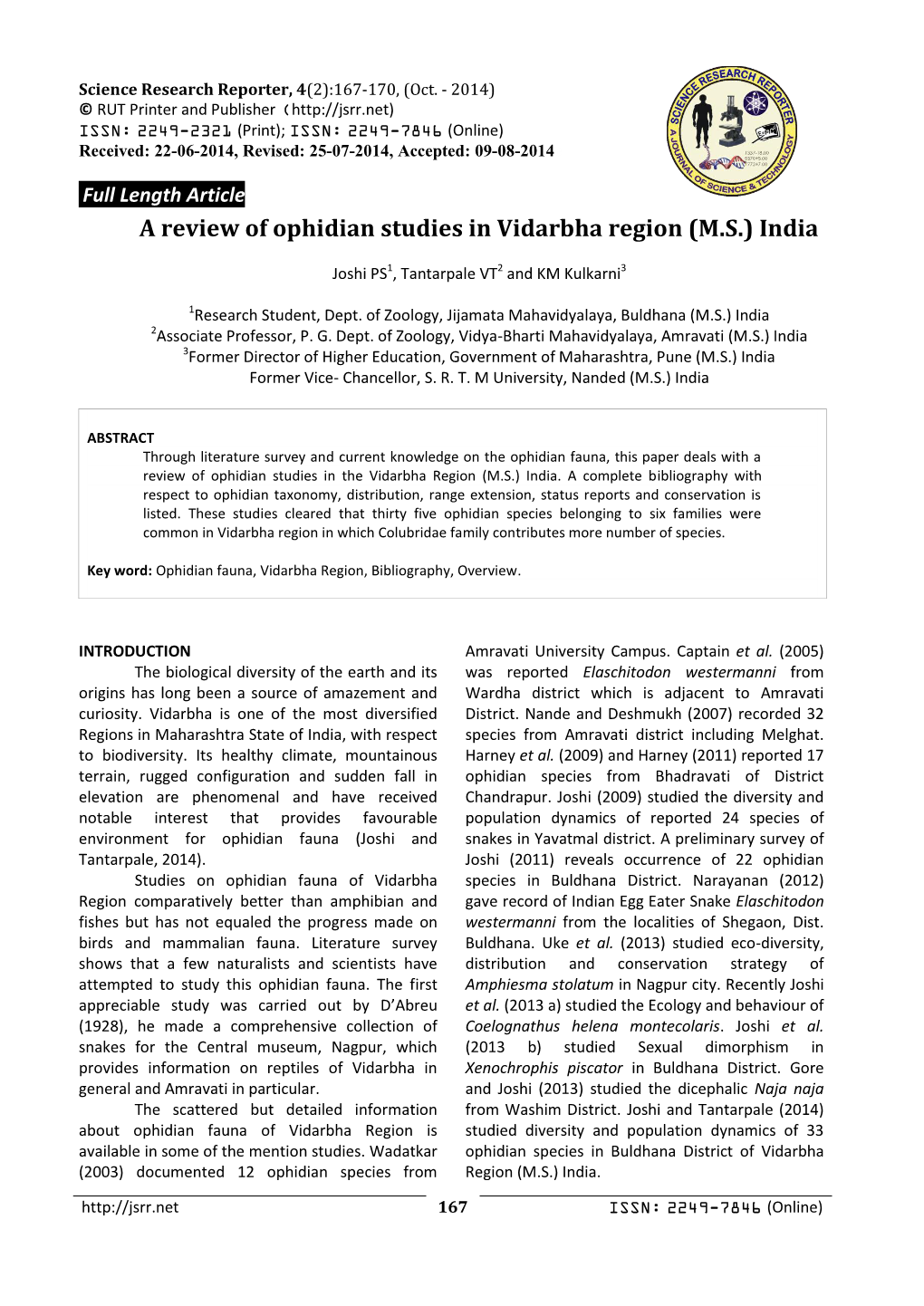 A Review of Ophidian Studies in Vidarbha Region (M.S.) India