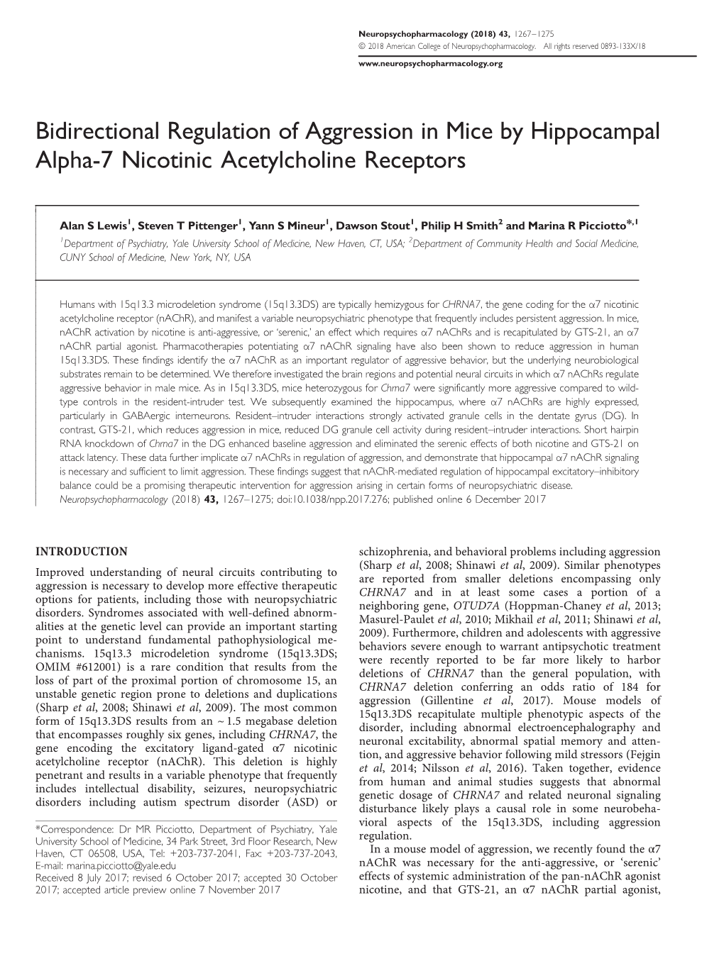 Bidirectional Regulation of Aggression in Mice by Hippocampal Alpha-7 Nicotinic Acetylcholine Receptors