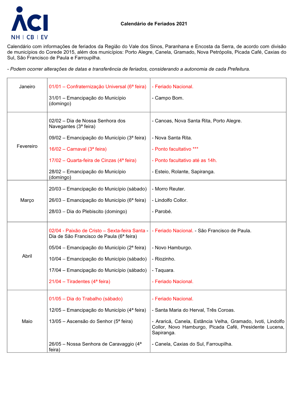 Calendário De Feriados 2019