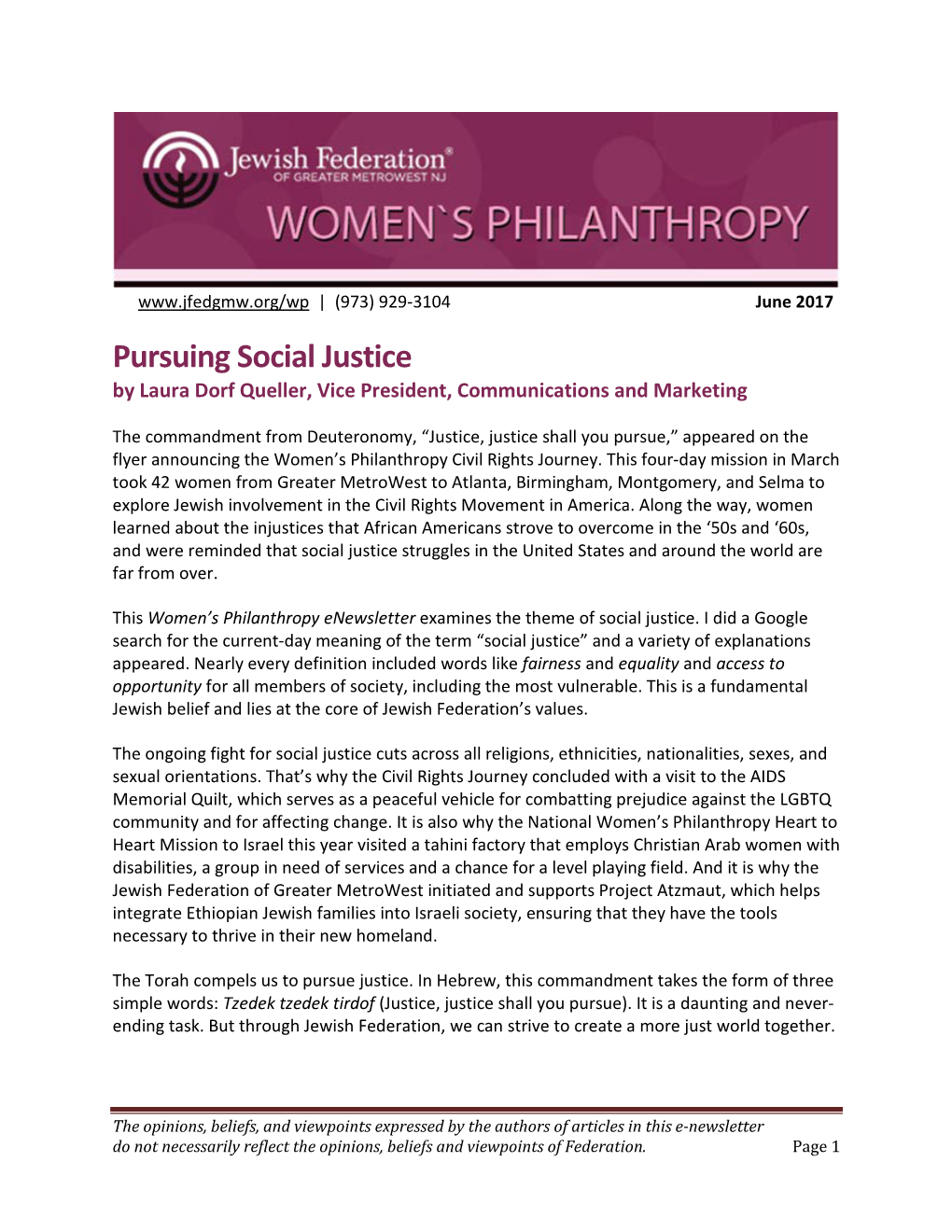 Pursuing Social Justice by Laura Dorf Queller, Vice President, Communications and Marketing