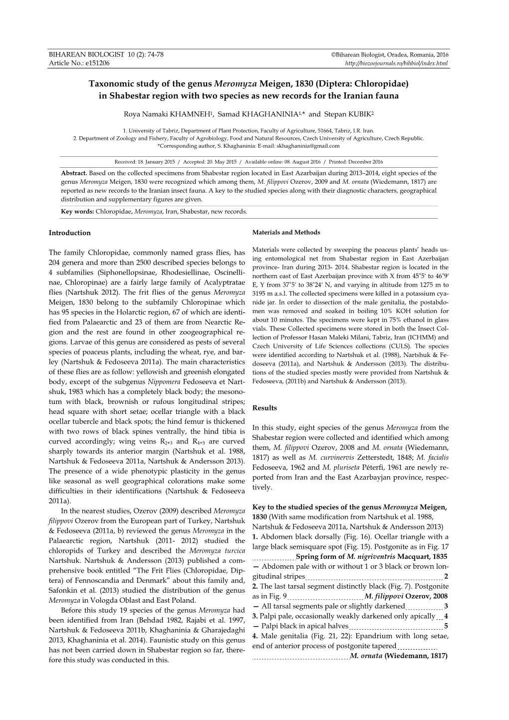 Taxonomic Study of the Genus Meromyza Meigen, 1830 (Diptera: Chloropidae) in Shabestar Region with Two Species As New Records for the Iranian Fauna