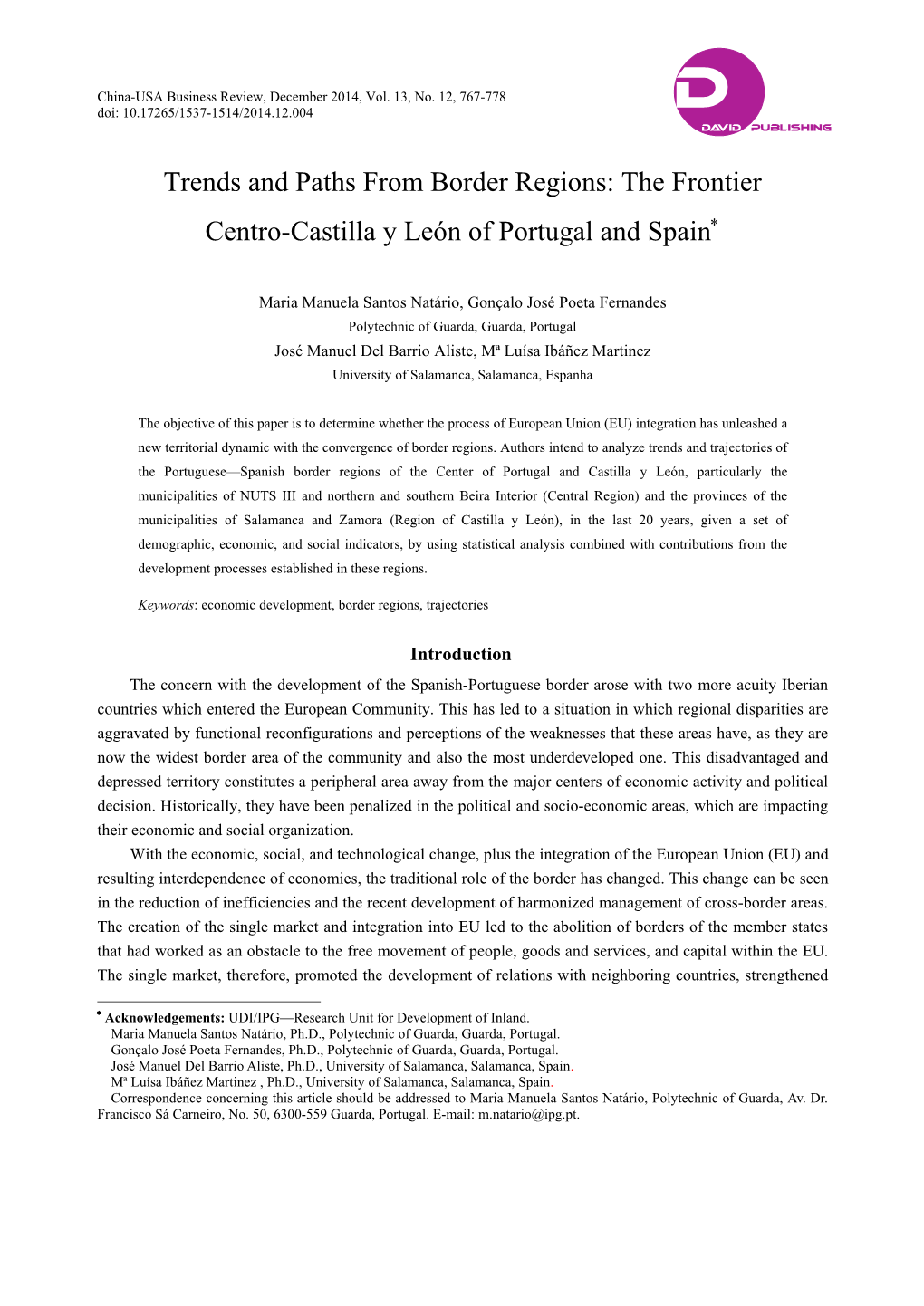 Trends and Paths from Border Regions: the Frontier Centro-Castilla Y León of Portugal and Spain
