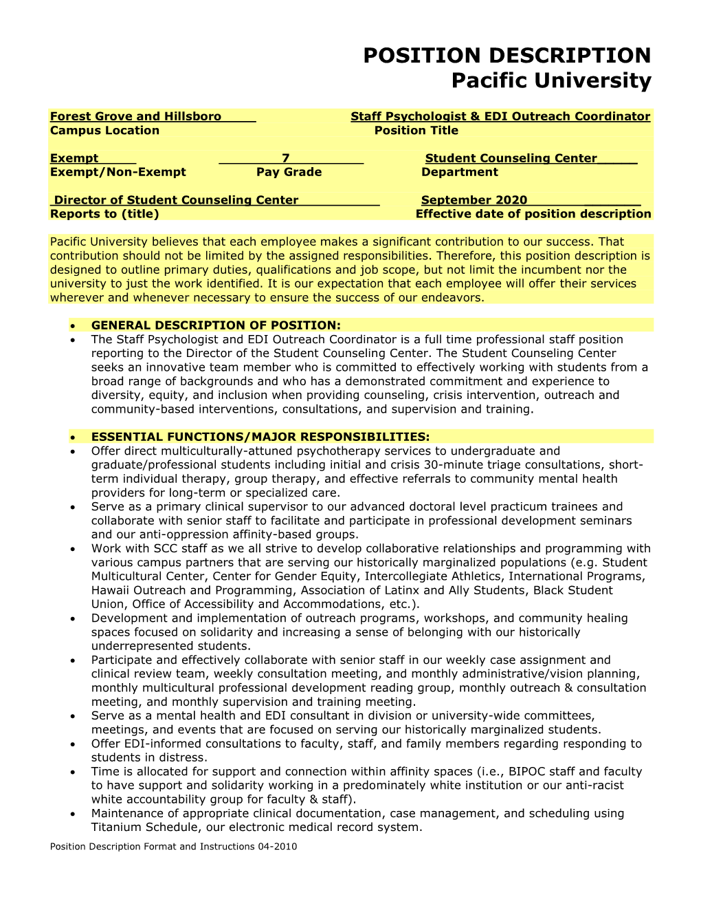 POSITION DESCRIPTION Pacific University