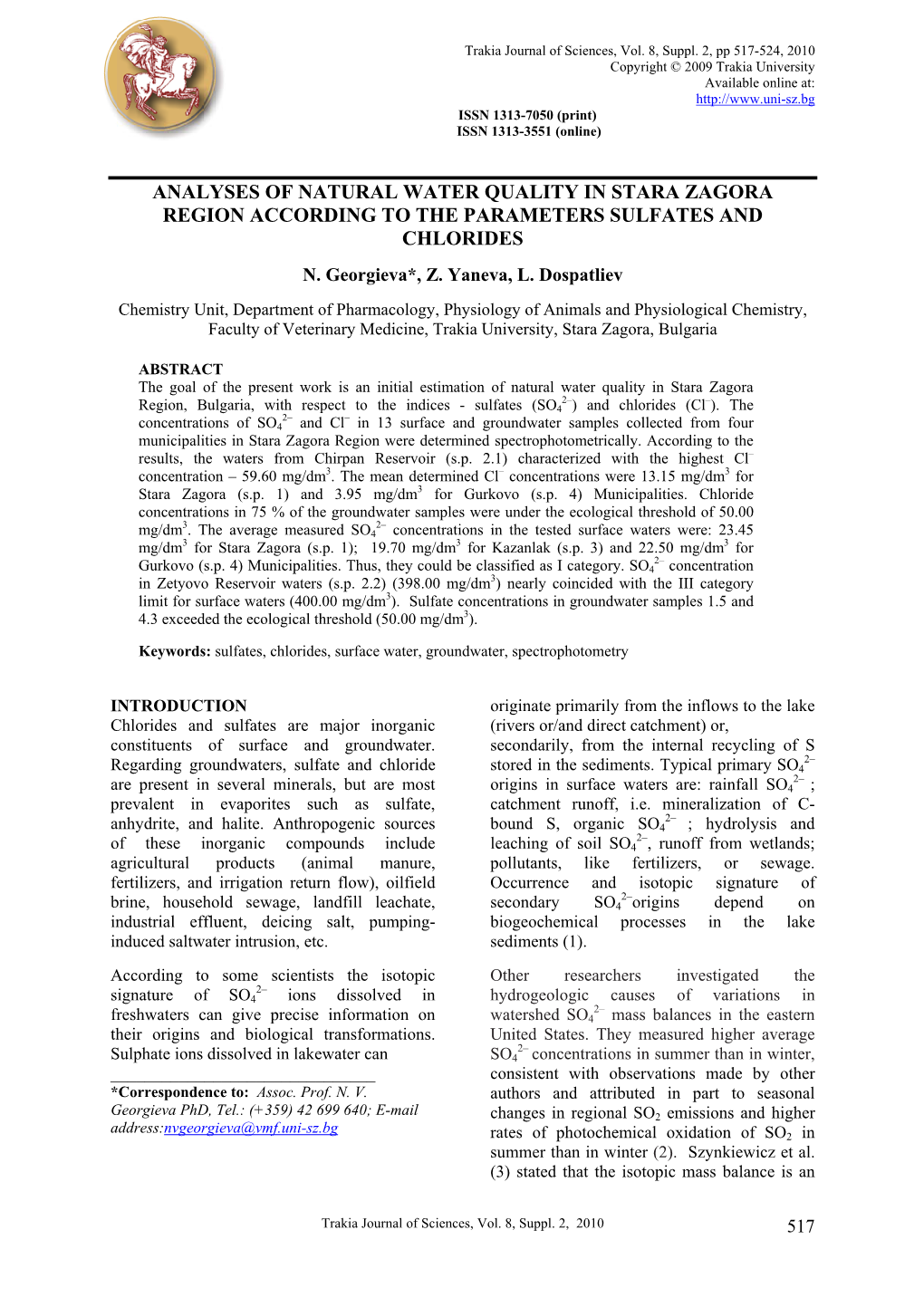 Analyses of Natural Water Quality in Stara Zagora Region According to the Parameters Sulfates and Chlorides