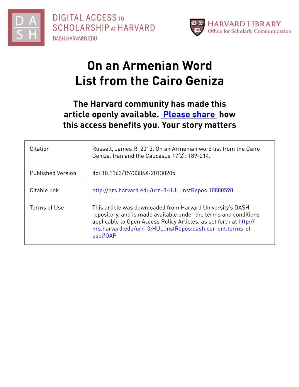 On an Armenian Word List from the Cairo Geniza