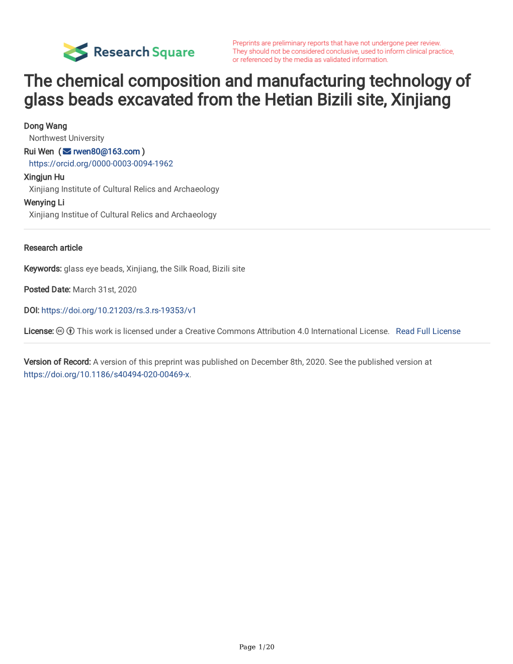 The Chemical Composition and Manufacturing Technology of Glass Beads Excavated from the Hetian Bizili Site, Xinjiang