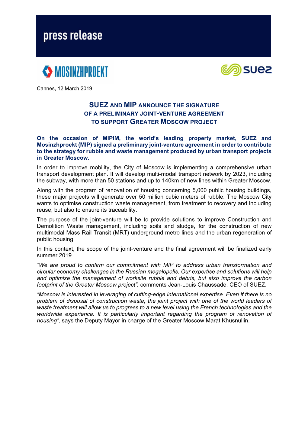 Suez and Mip Announce the Signature of a Preliminary Joint-Venture Agreement to Support Greater Moscow Project
