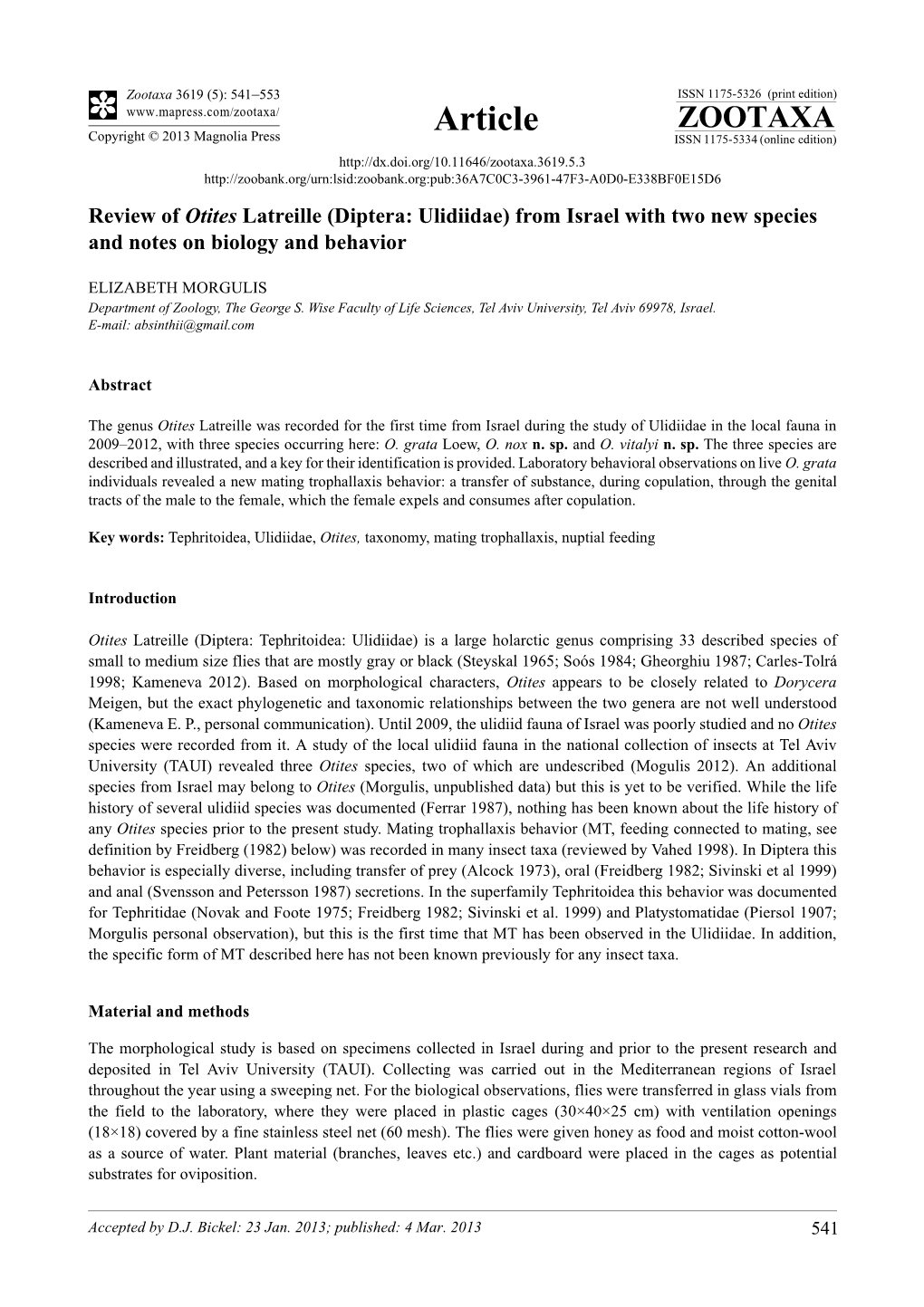 Review of Otites Latreille (Diptera: Ulidiidae) from Israel with Two New Species and Notes on Biology and Behavior