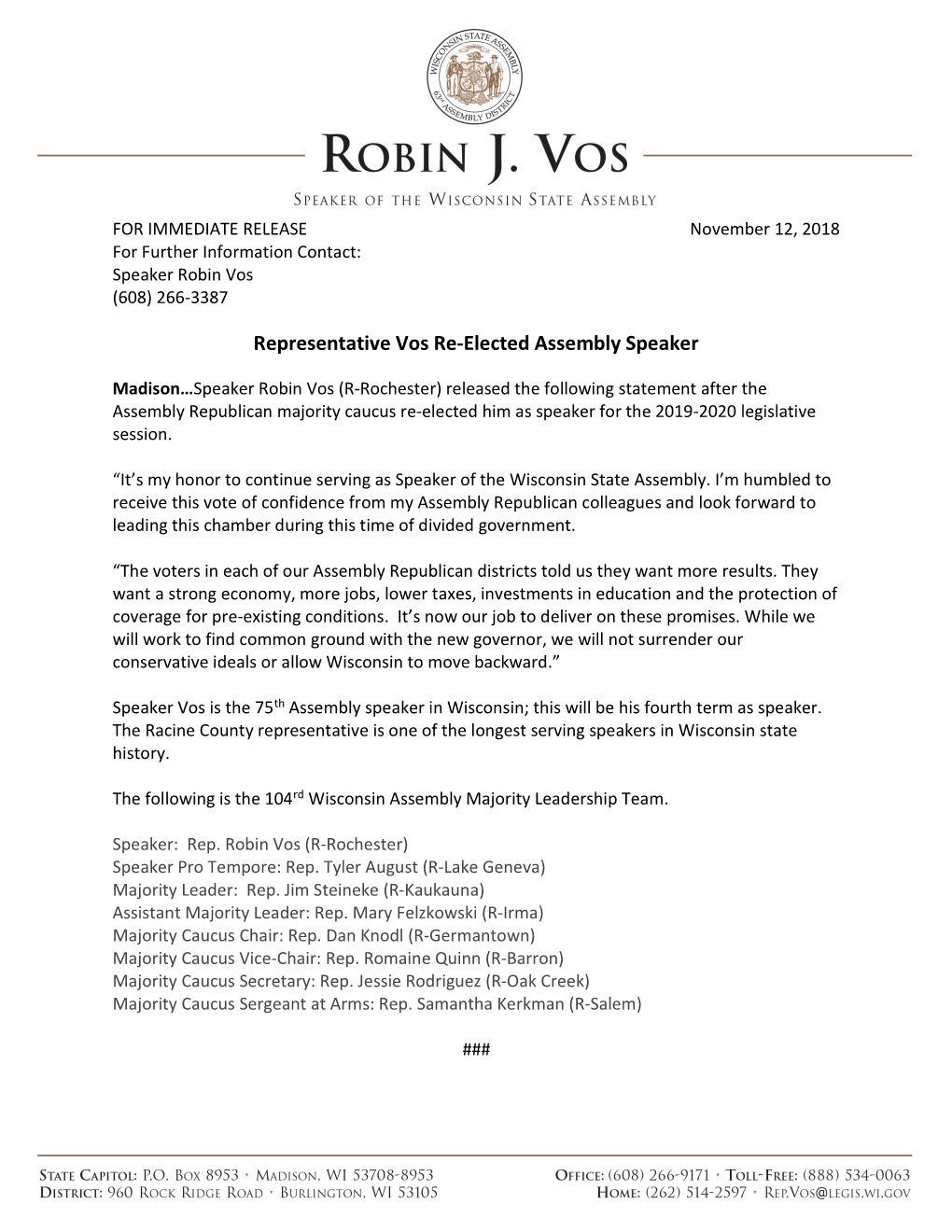 Representative Vos Re-Elected Assembly Speaker