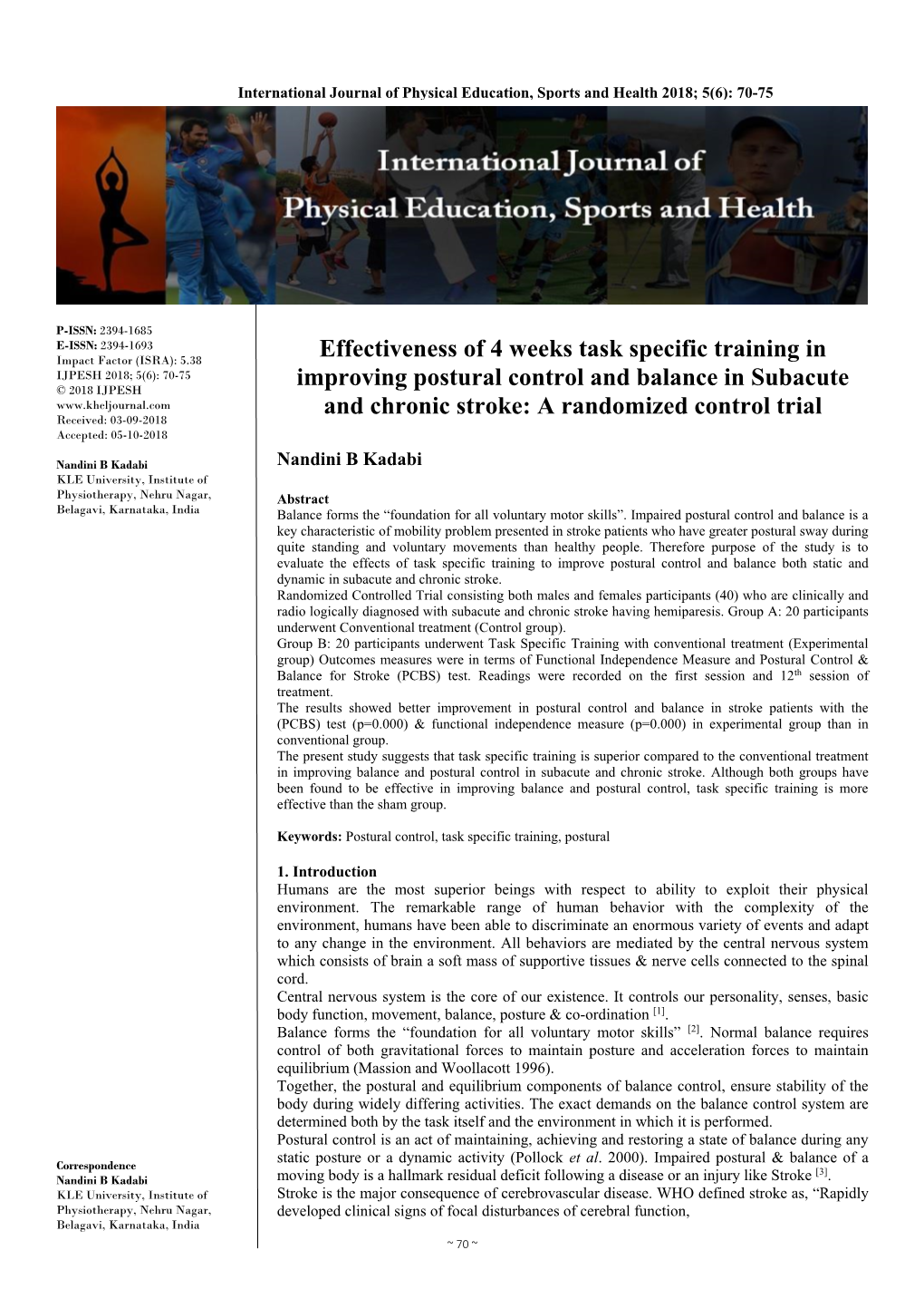Effectiveness of 4 Weeks Task Specific Training in Improving Postural